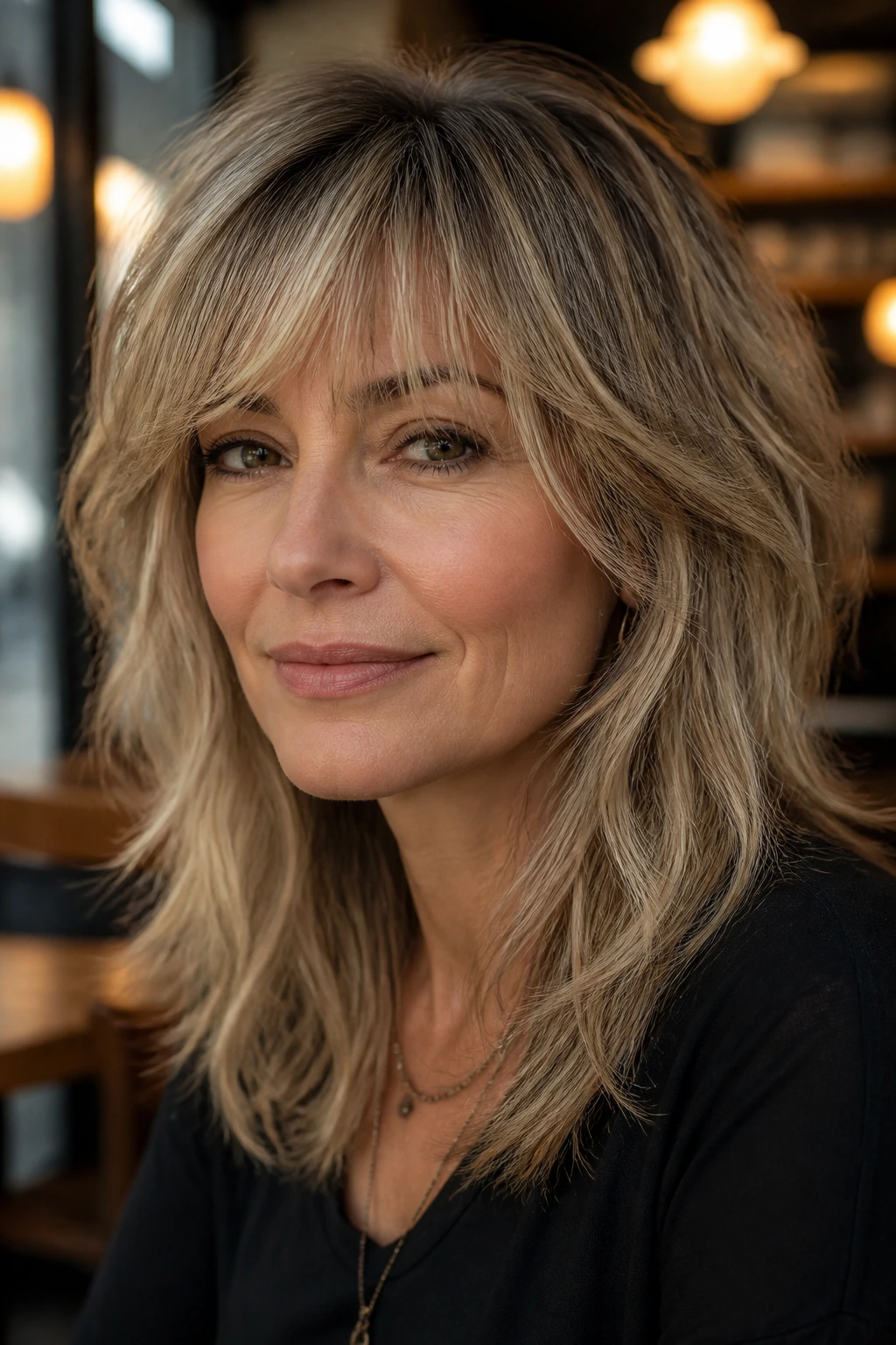 Close-up of a real woman with a soft wolf cut and feathered bangs.