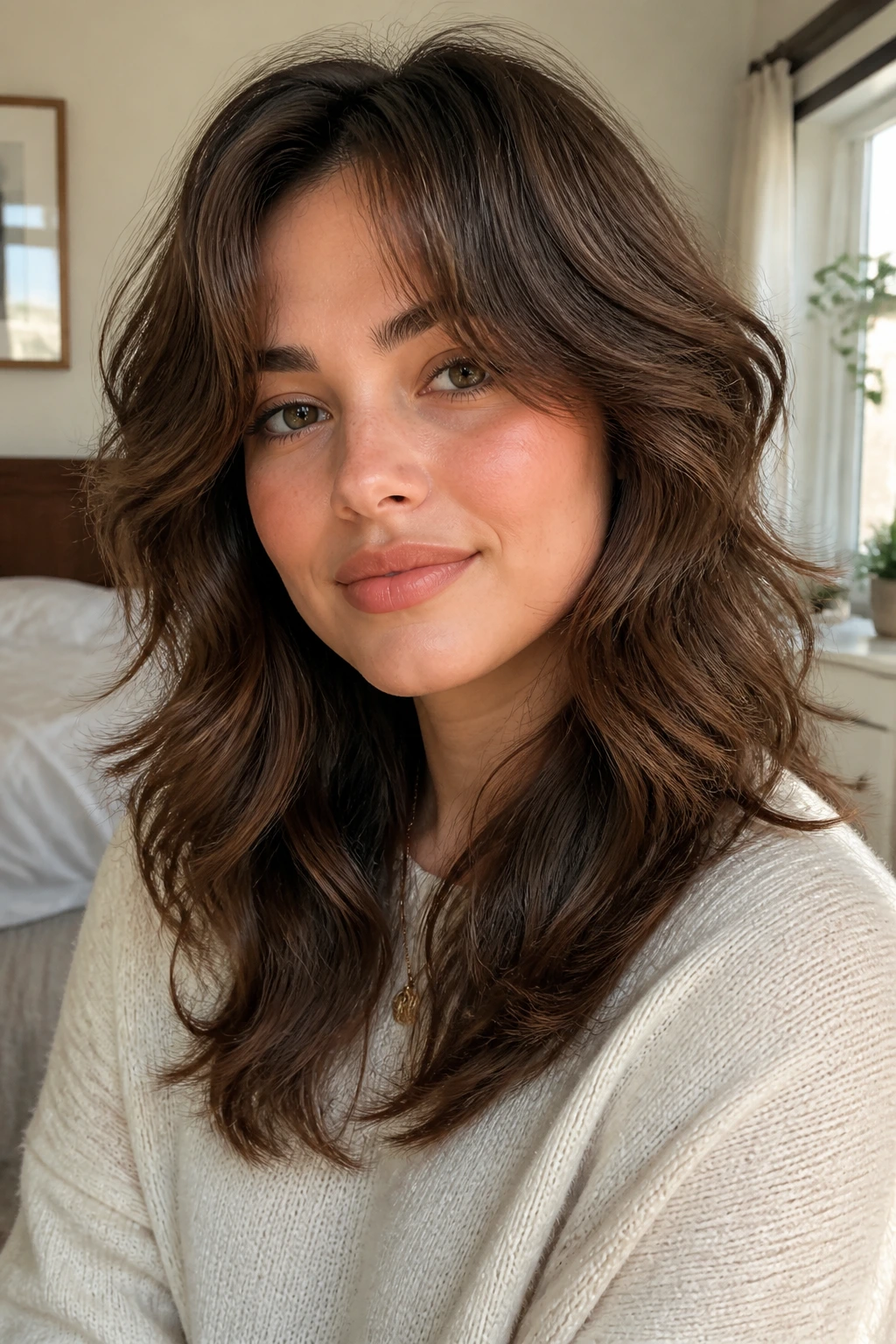 Close-up of a real woman with a soft wolf cut featuring feathered ends, illuminated by natural window light.