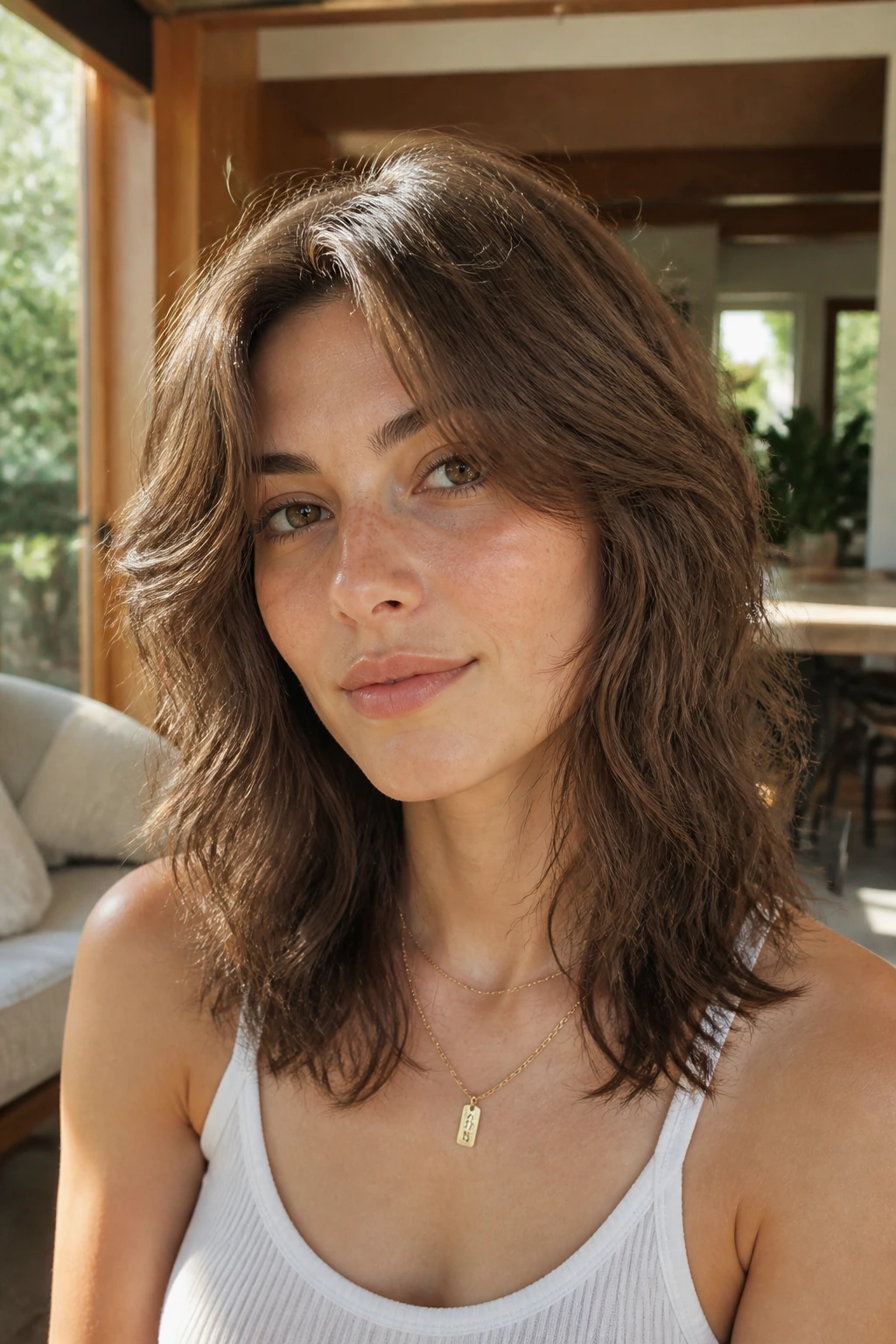 Close-up of a real woman with soft crown-lift wolf cut highlighting crown lift and subtle layering.