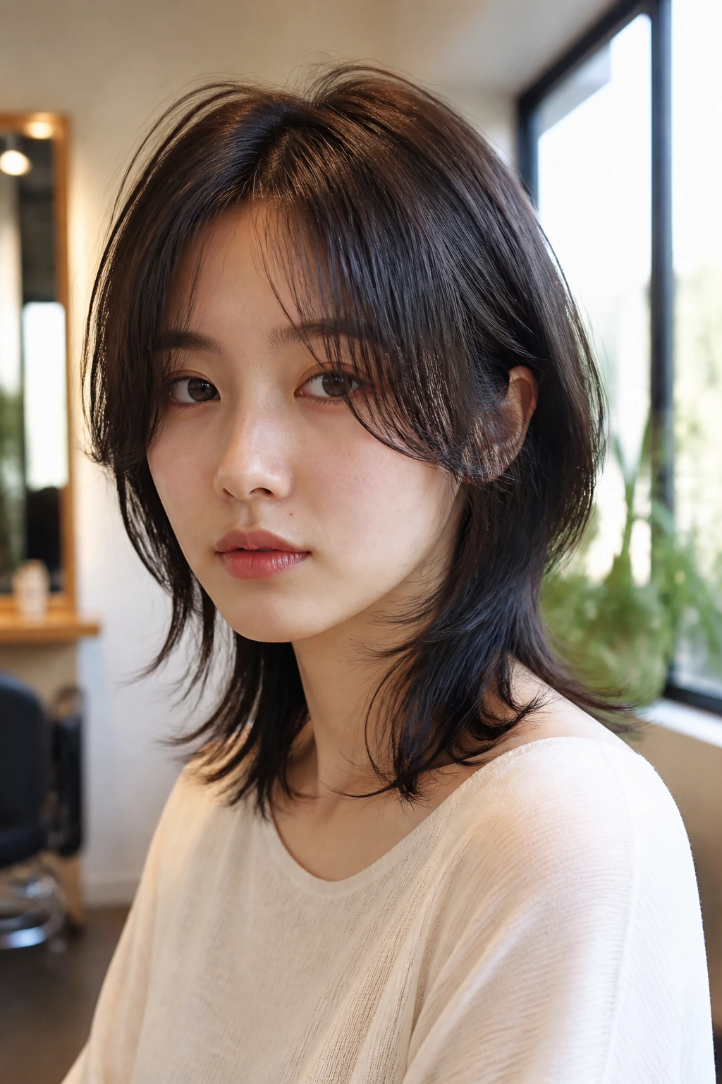 Close-up of a real woman with a soft Korean wolf cut on fine hair, showing layered crown and weighted nape.