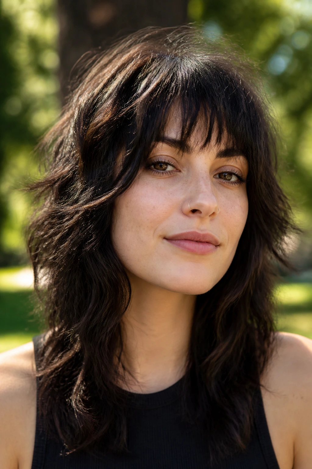 Real-life wolf cut portrait outdoors showing settled shape and crown lift.