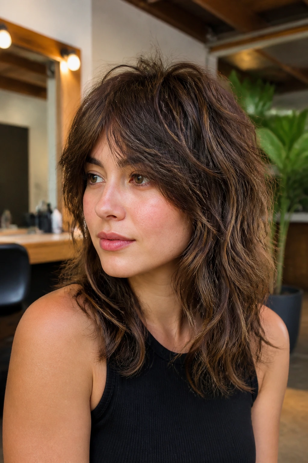 Portrait of a real woman with a wolf cut demonstrating behavior on fine wavy hair in a salon