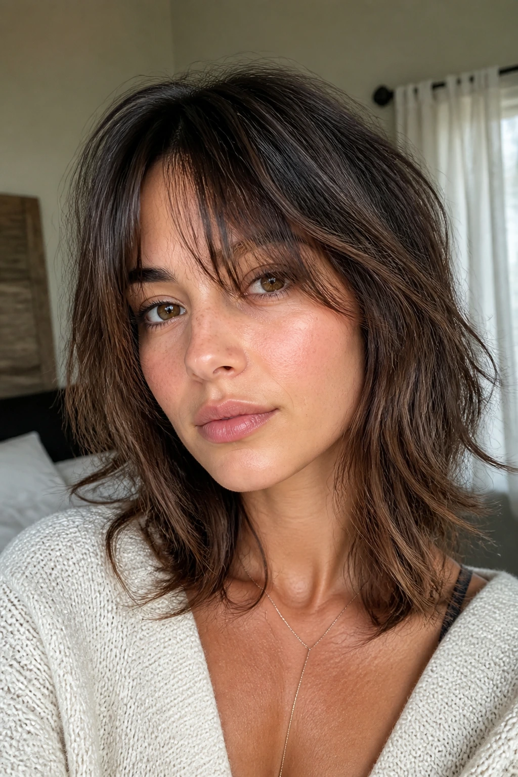 Close-up portrait of a person with a light wolf cut and long fringe by a window in a cozy bedroom