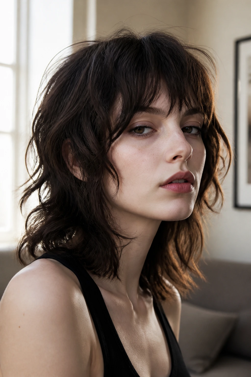 Close-up of a real woman with a wavy wolf cut and piecey fringe.