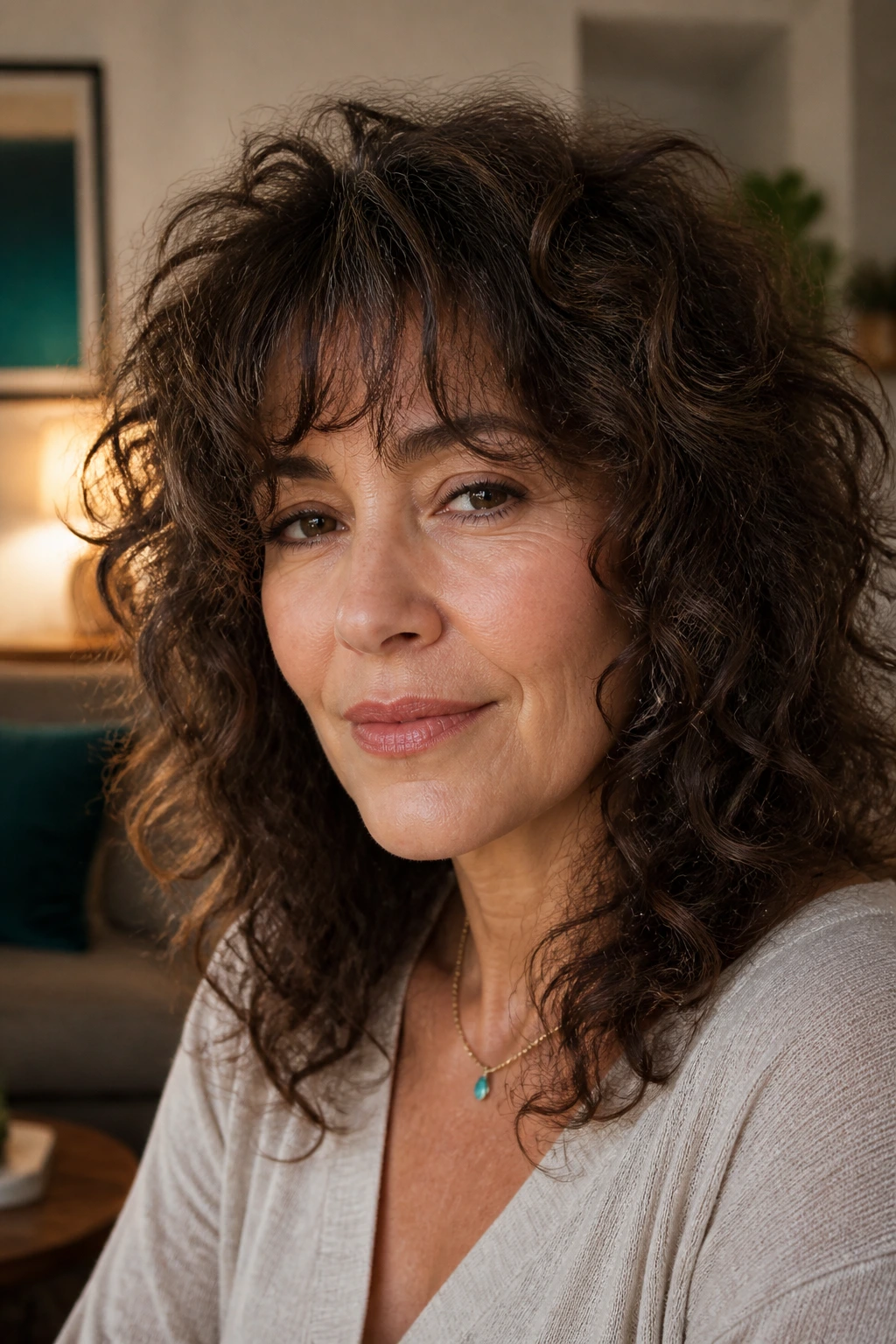 Close-up of a real woman with a soft wolf-cut fringe and textured curls.