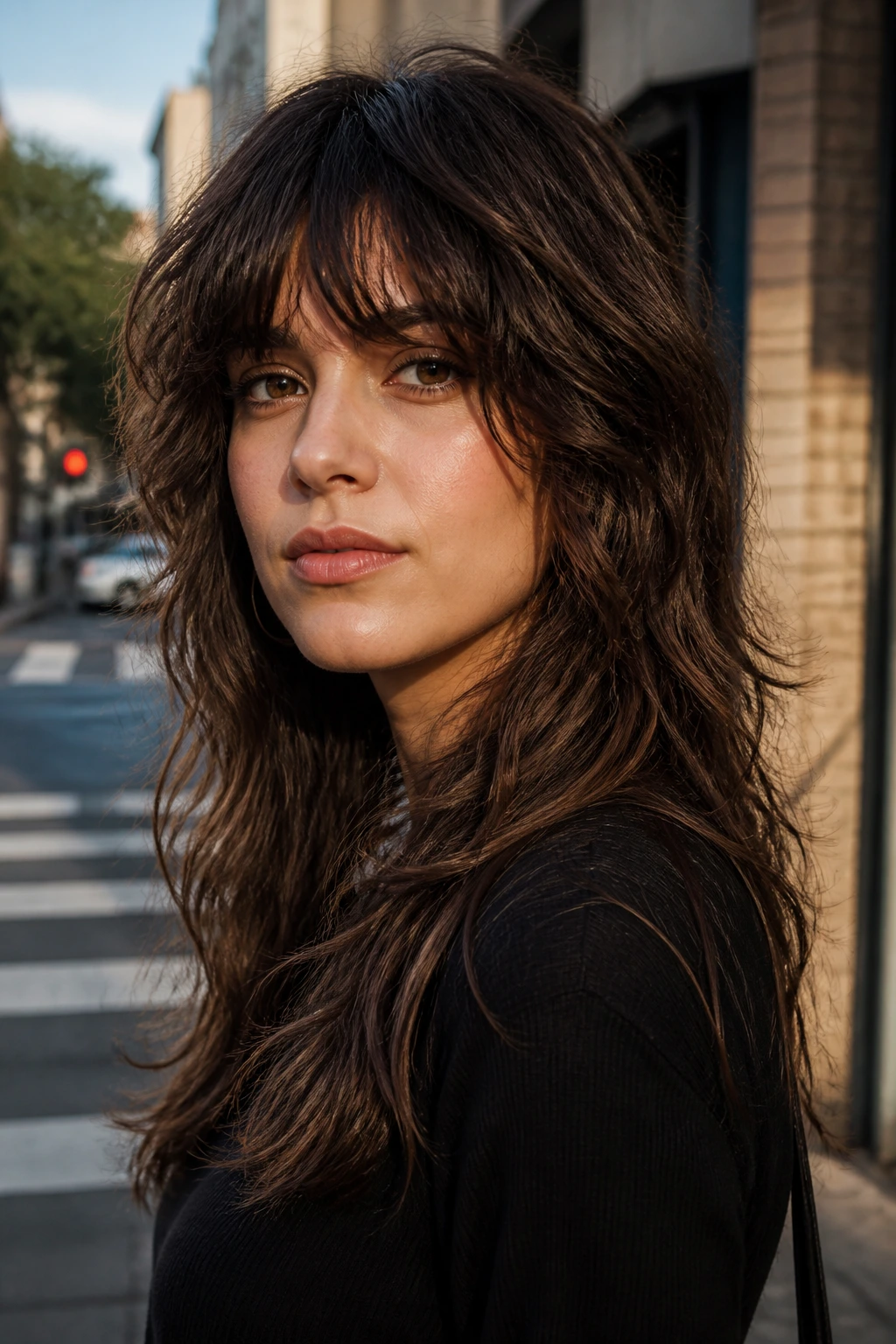 Close-up portrait of a woman with shaggy wolf-cut fringe and layered hair.