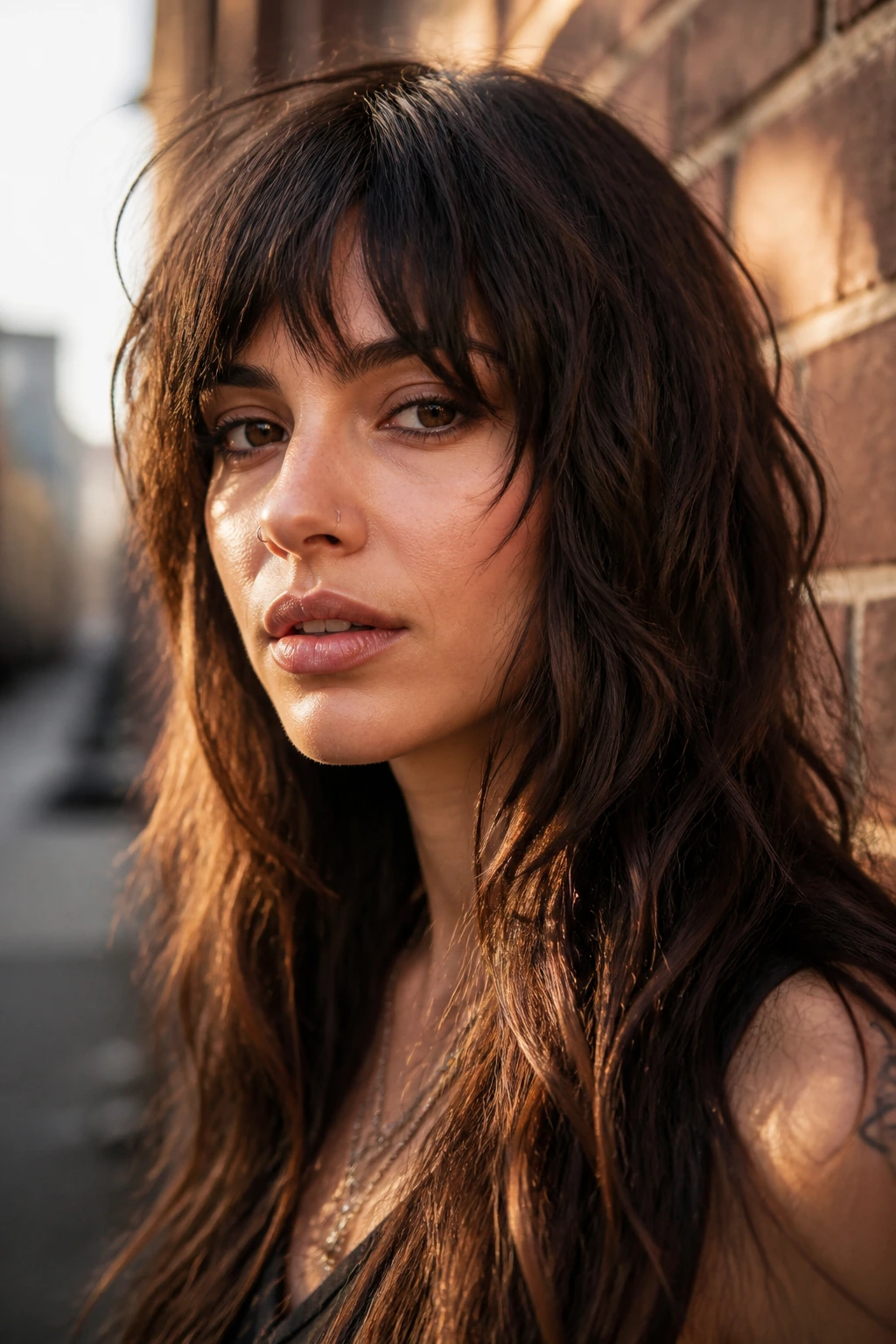 Close-up of a woman with a wolf-cut fringe on long hair against a brick wall in golden hour light.