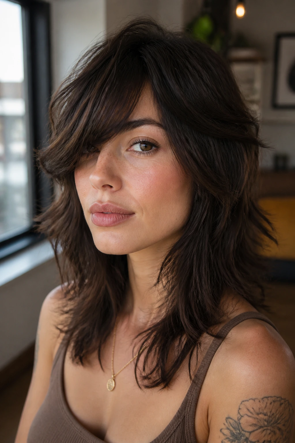 Close-up portrait of a real woman with wolf cut and grazing side fringe in a warm apartment