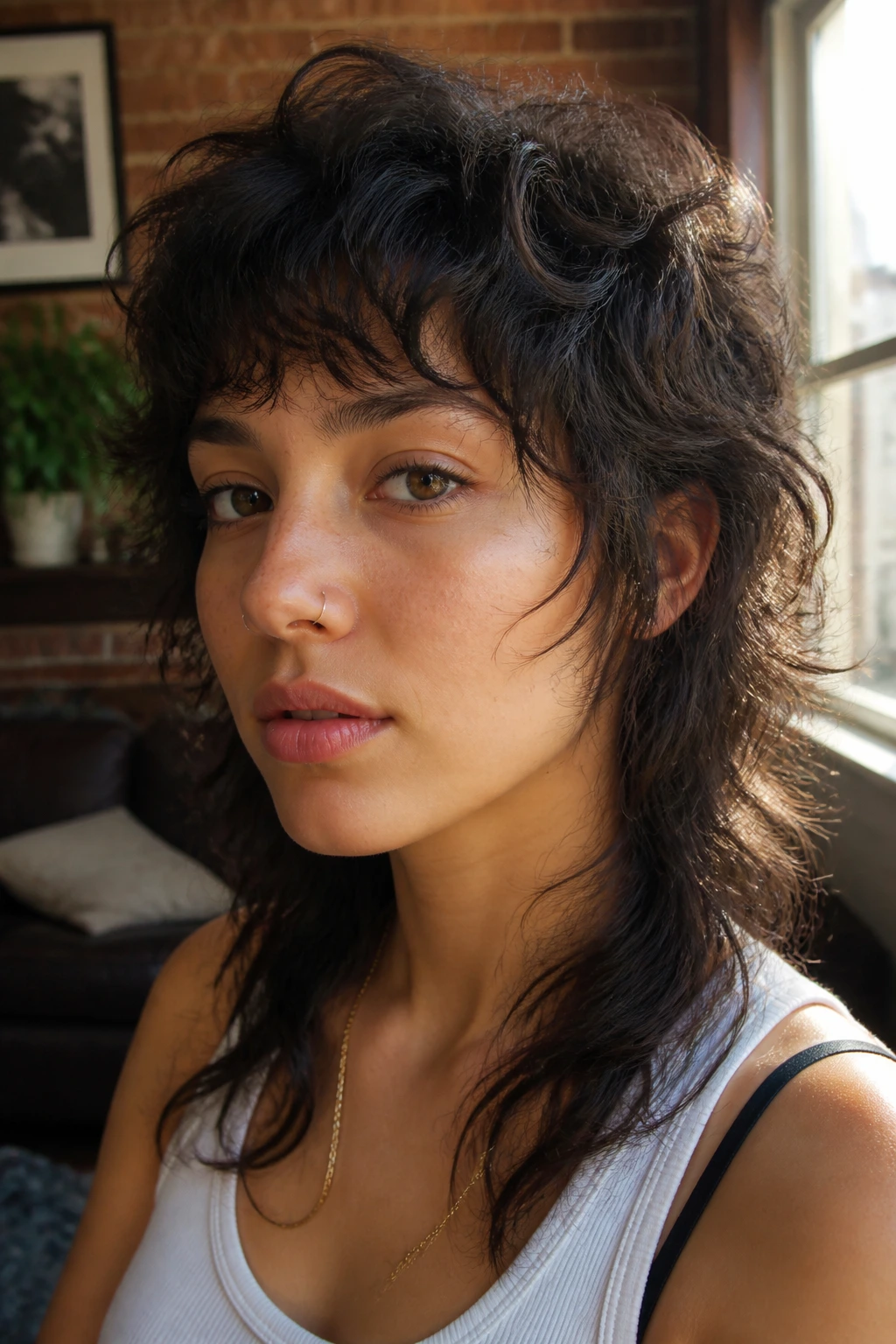 Close-up of a real person with wolf-cut fringe and tapered face layers.