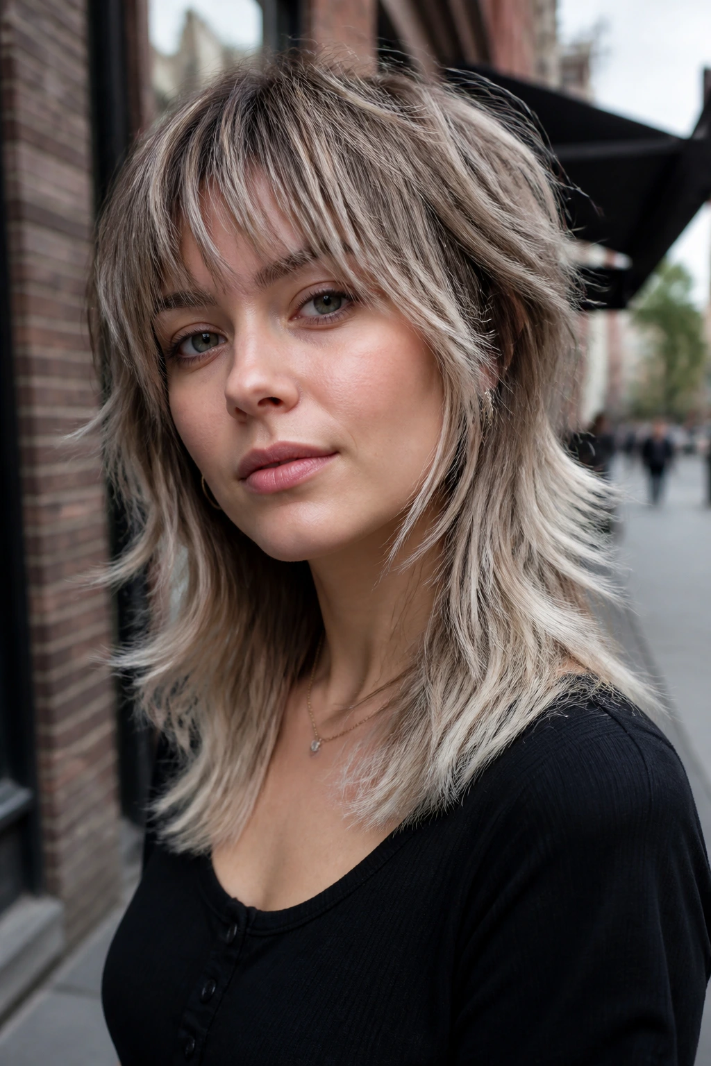 Real person with textured wolf cut and frosted ends in ash blonde