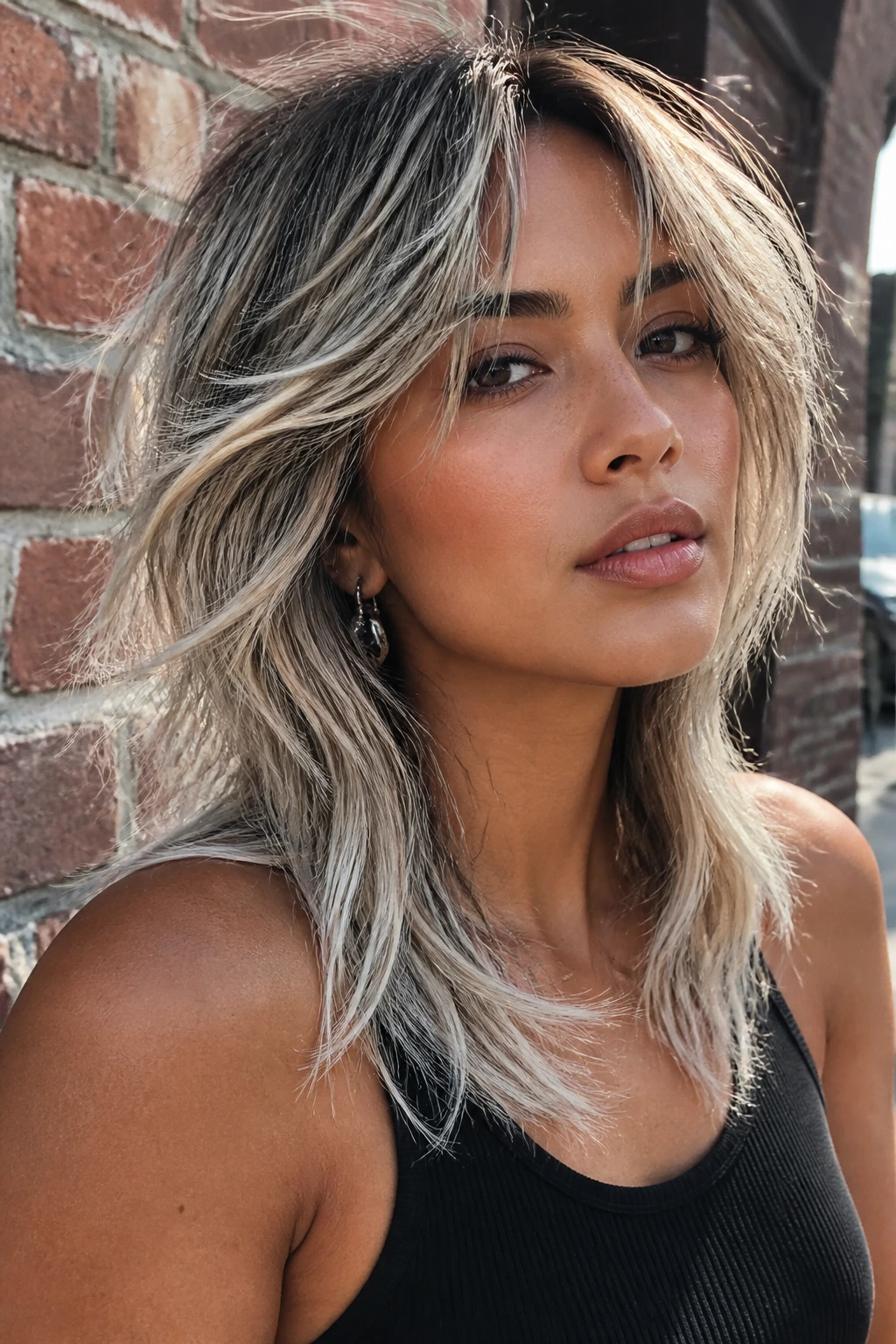 Real woman with wolf cut and frosted ribbons in layered hair
