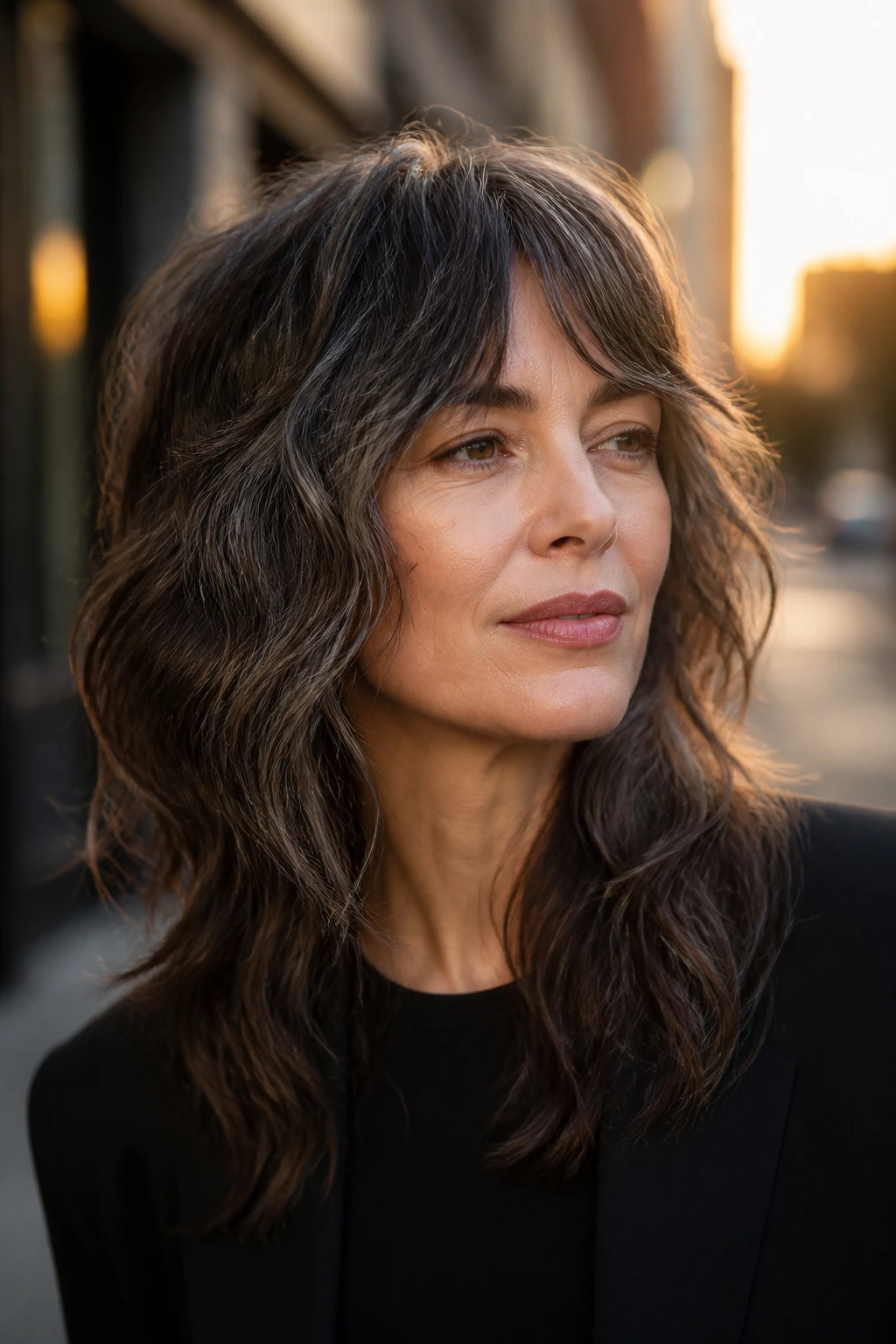 Close-up of a real woman with a wavy wolf cut and silver-grey highlights on dark brunette hair