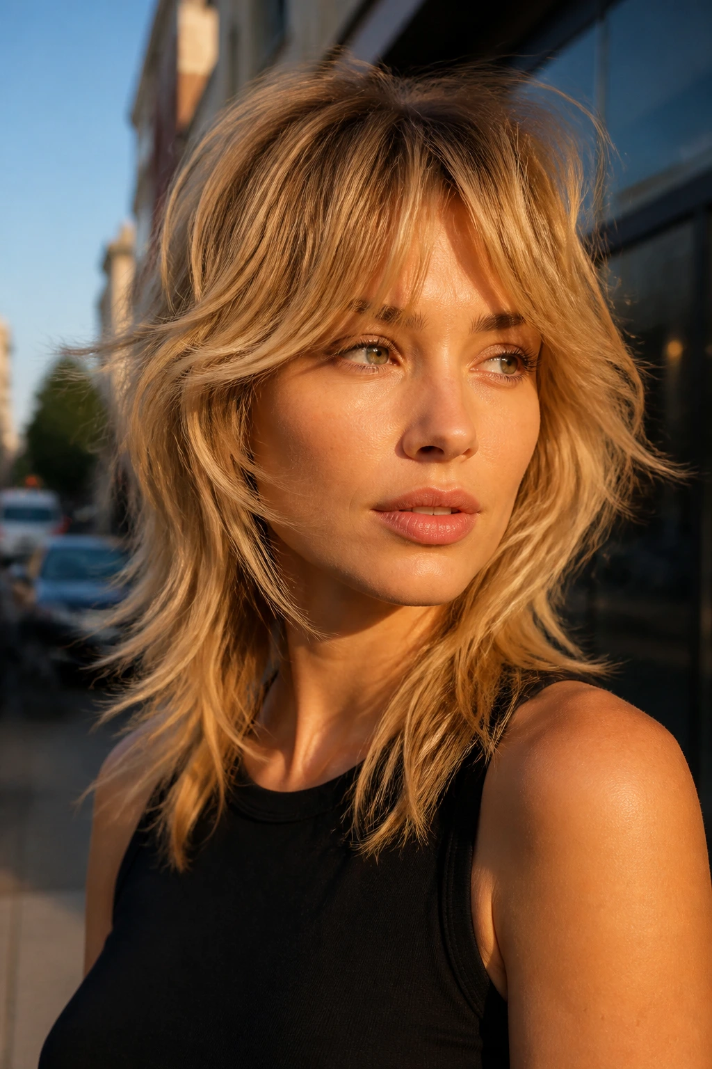 Head-and-shoulders of a real woman with a bright honey blonde wolf cut and airy texture.