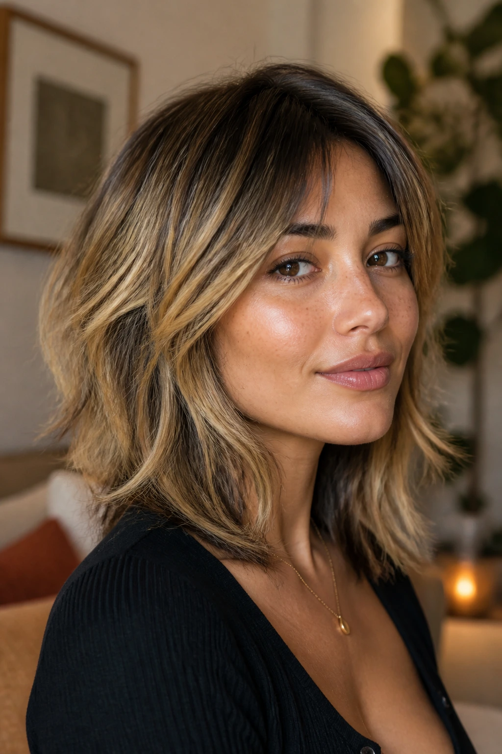 Close-up of a real woman with honey-painted wolf cut and darker core.