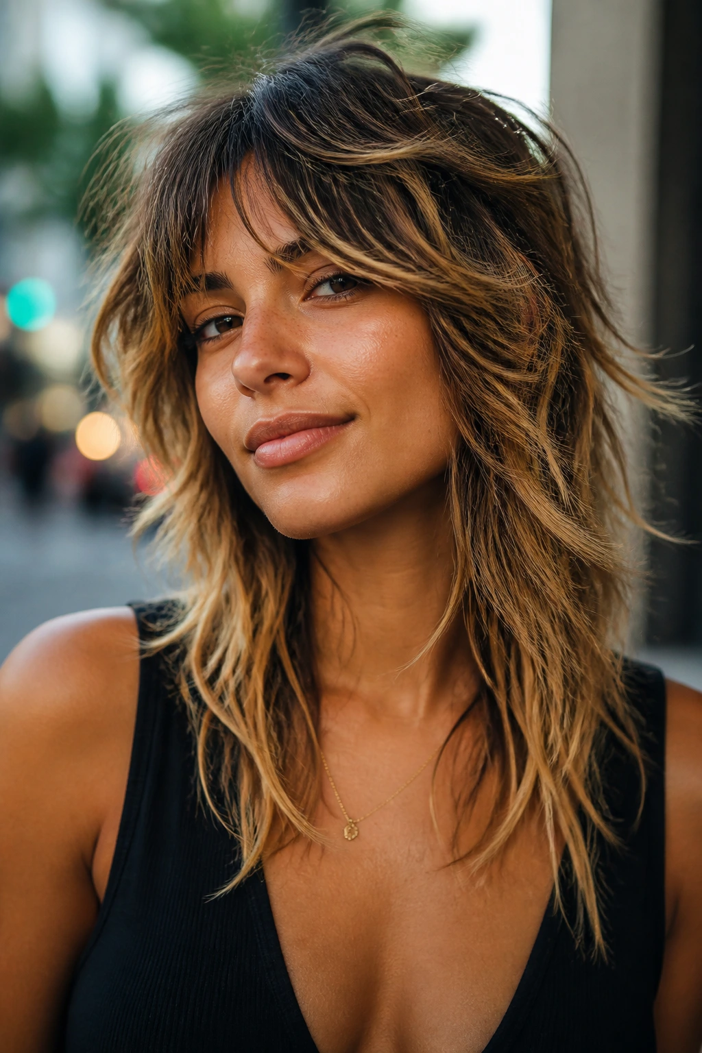 Close-up of shaggy wolf cut with golden honey tips on real person