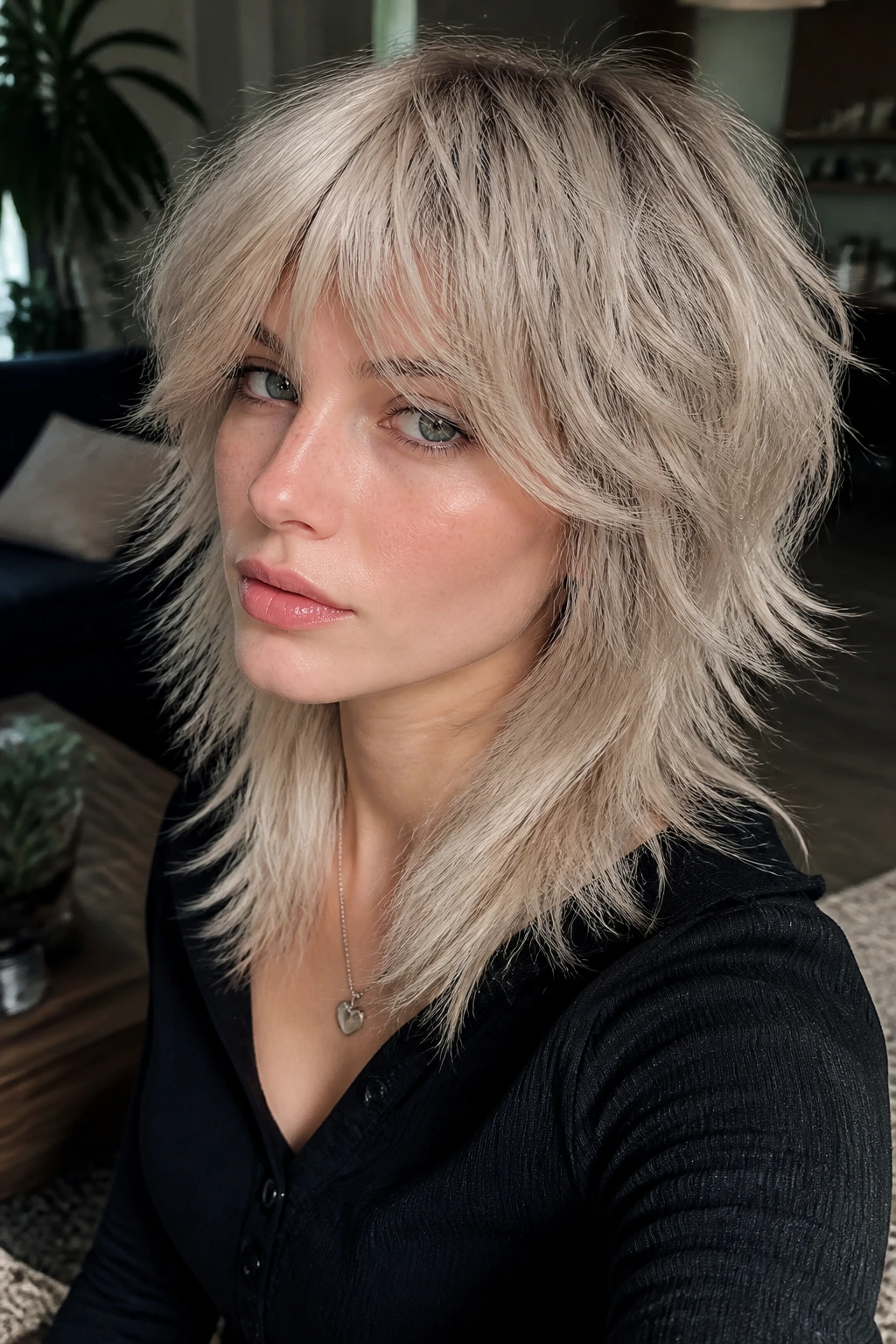 Real person with feathered wolf cut in icy beige and textured layers.