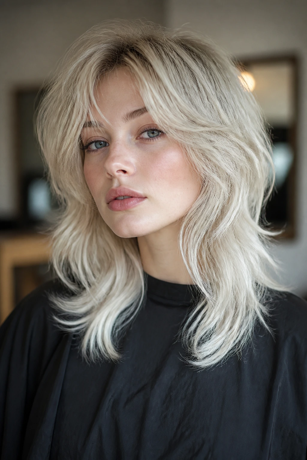 Close-up of a real woman with a soft wolf cut and icy ends in natural window light