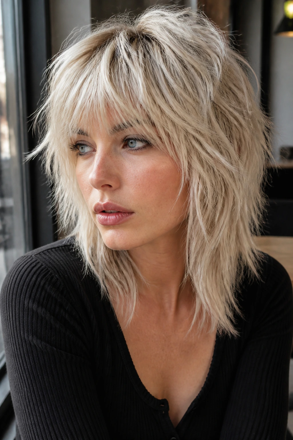 Portrait of a real woman with a choppy wolf cut in icy sand blonde