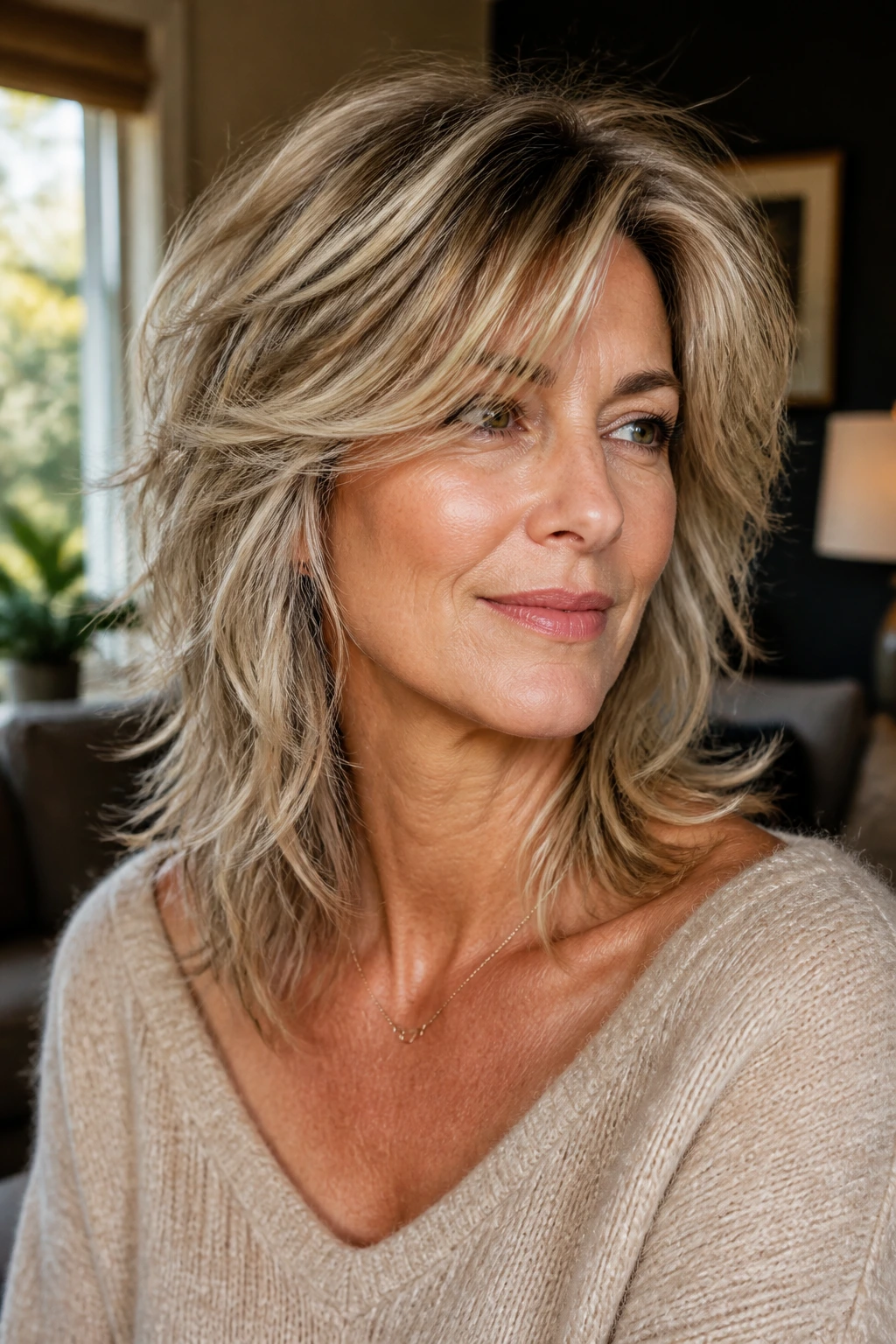 Close-up portrait of a real woman with a soft wolf cut and grown-up layers in warm window light.