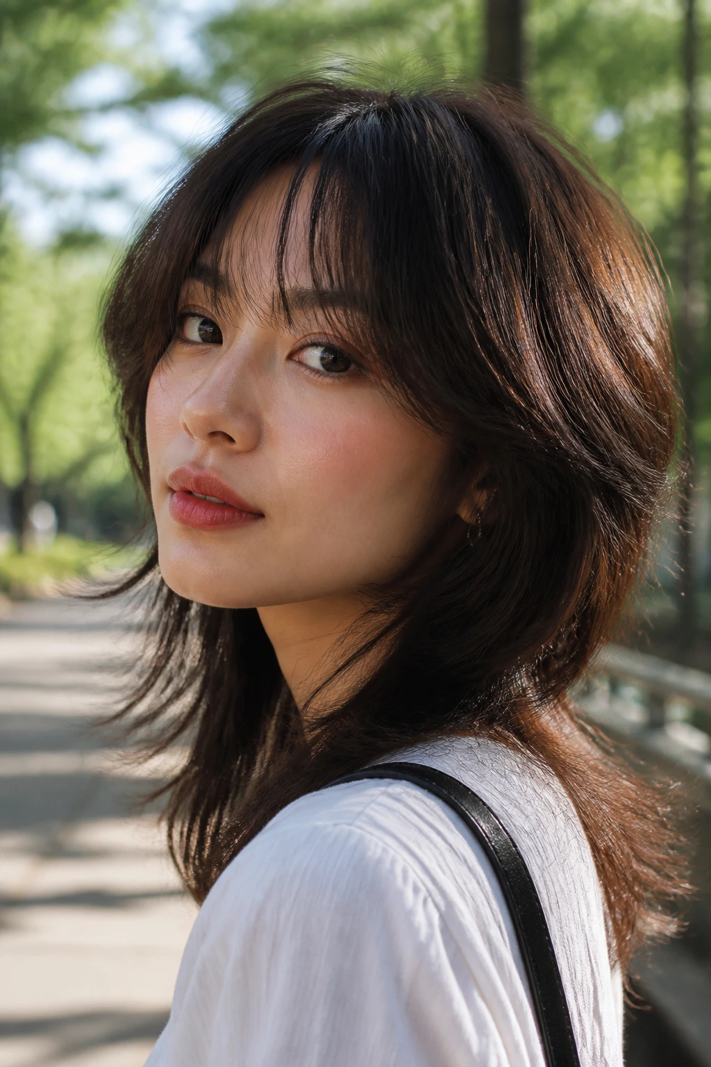 Close-up of a real woman with a soft wolf cut layers