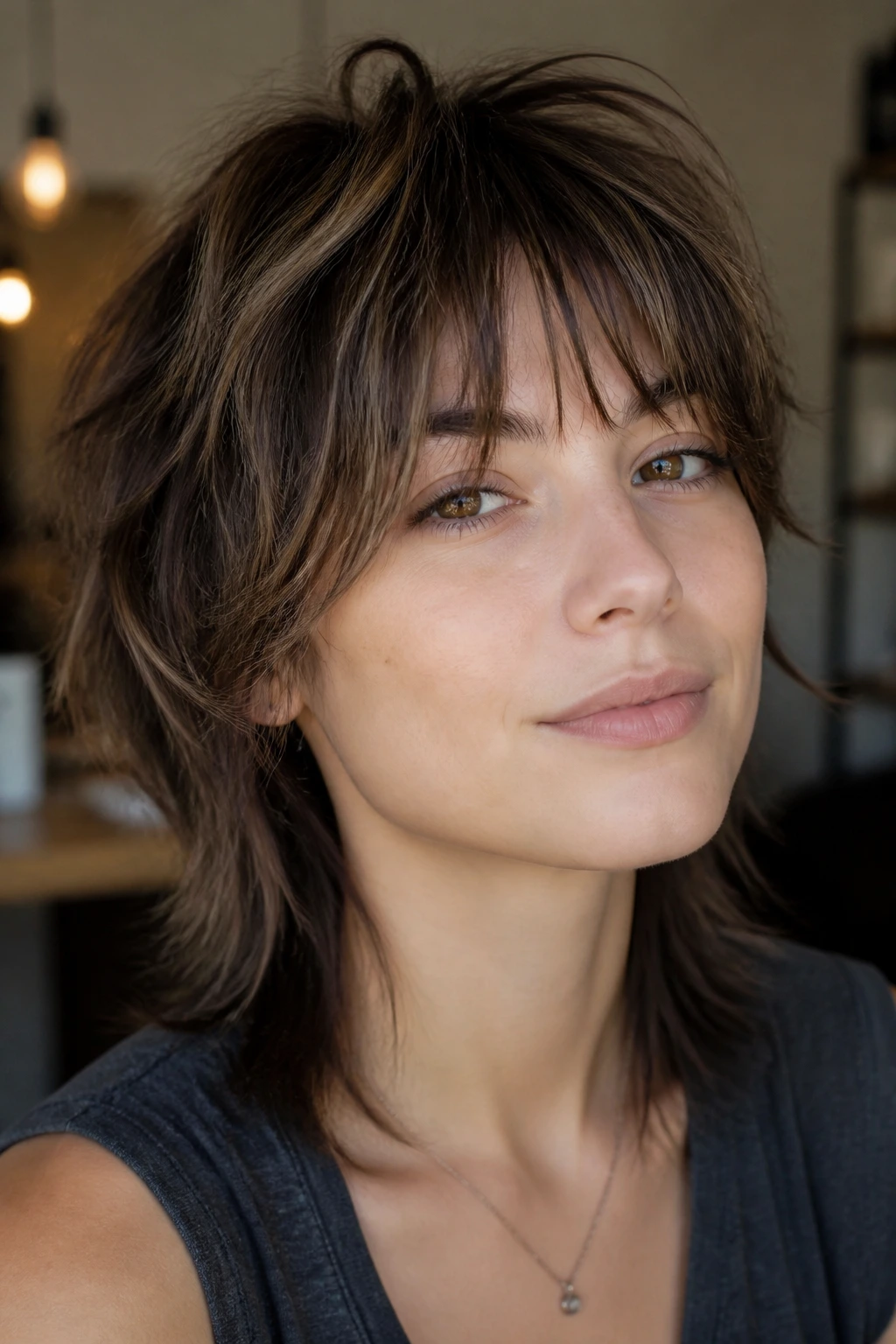 Close-up of a real person with a softer wolf cut lite featuring crown lift and wispy ends