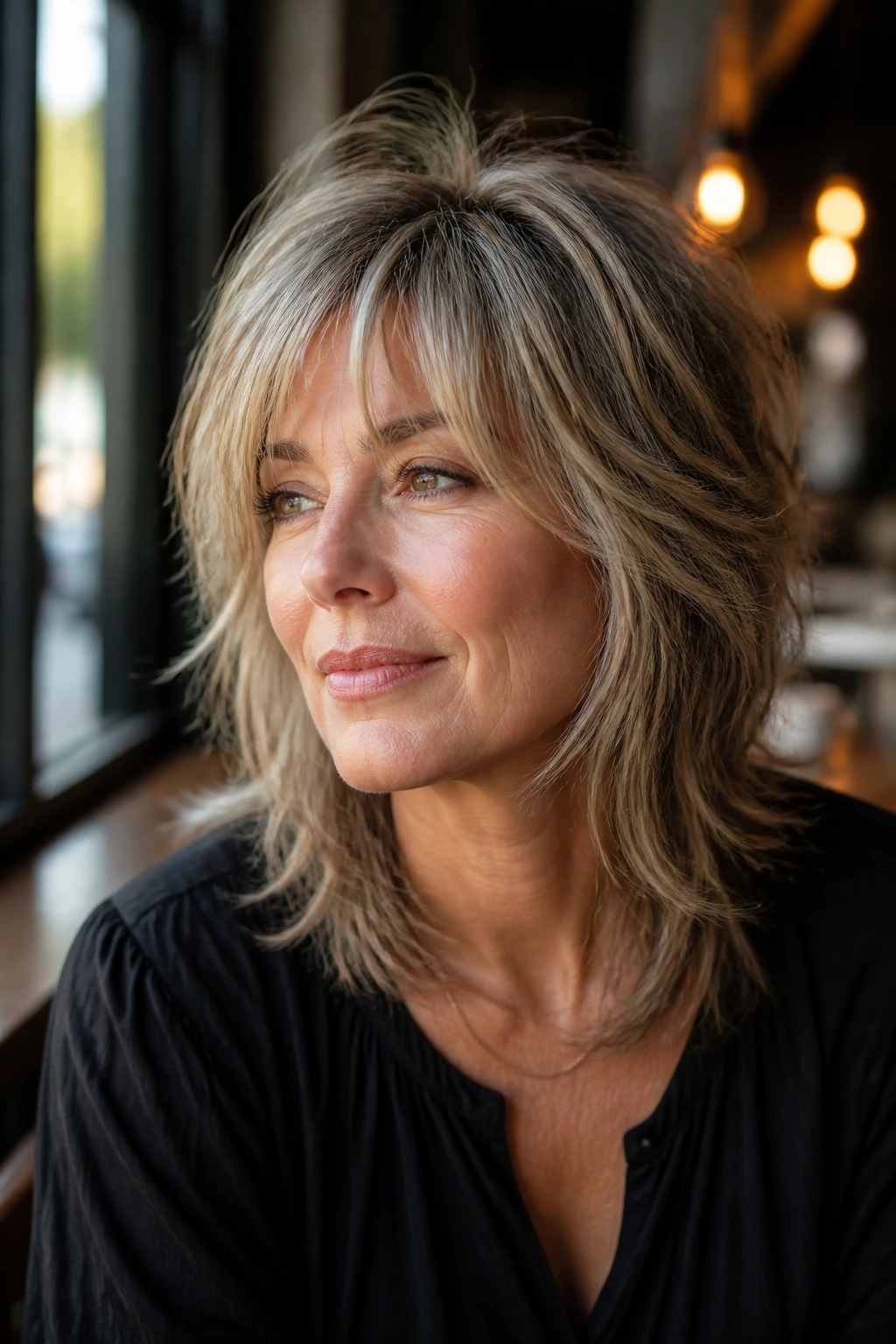 Portrait of a woman with a light wolf cut showing crown lift and soft layers