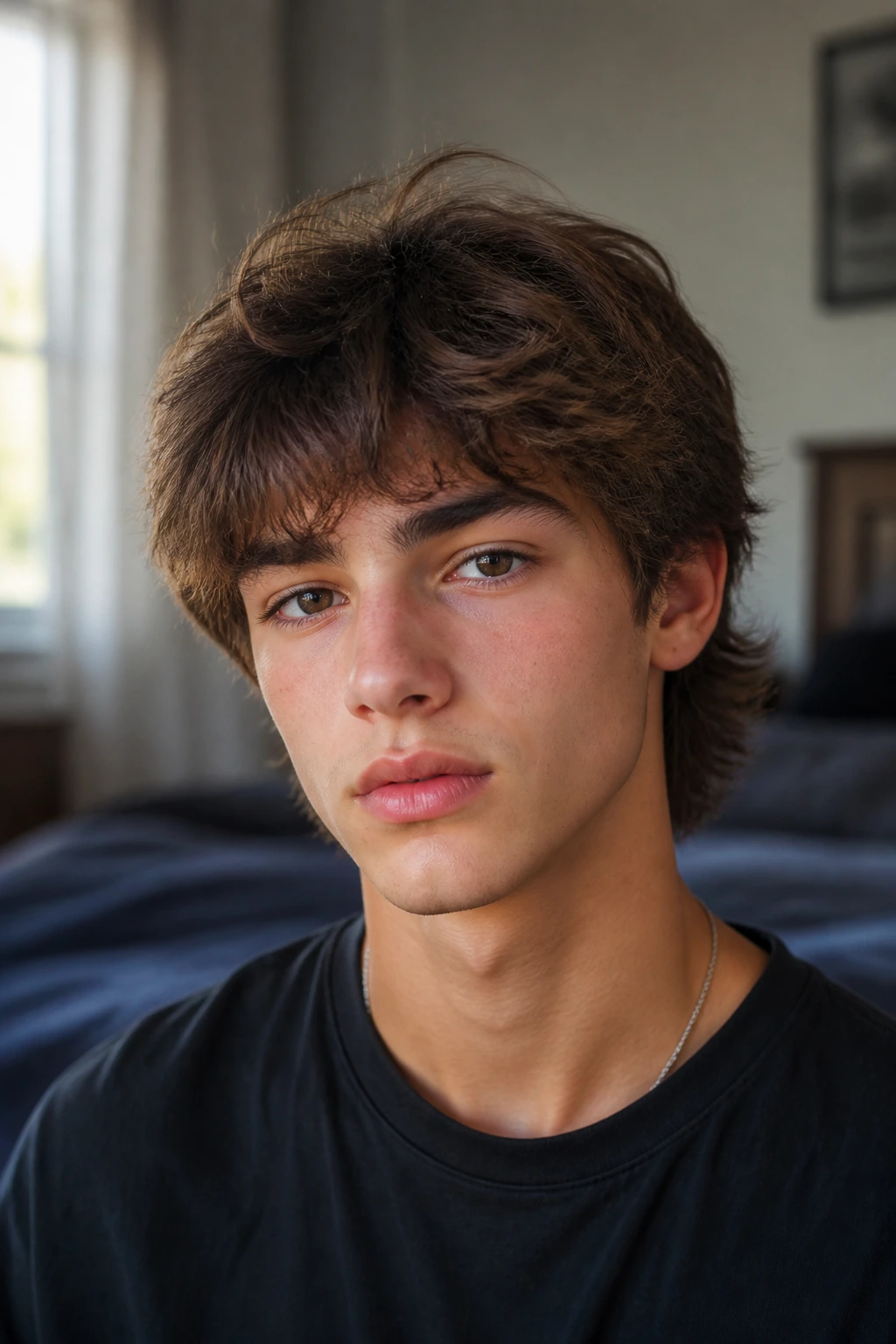 Close-up of a teen boy with a wolf cut lite and airy crown layers under natural window light