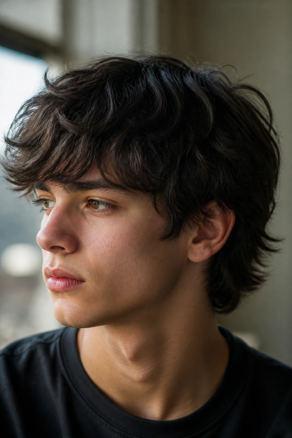 Teen boy with modern wolf cut lite in natural light