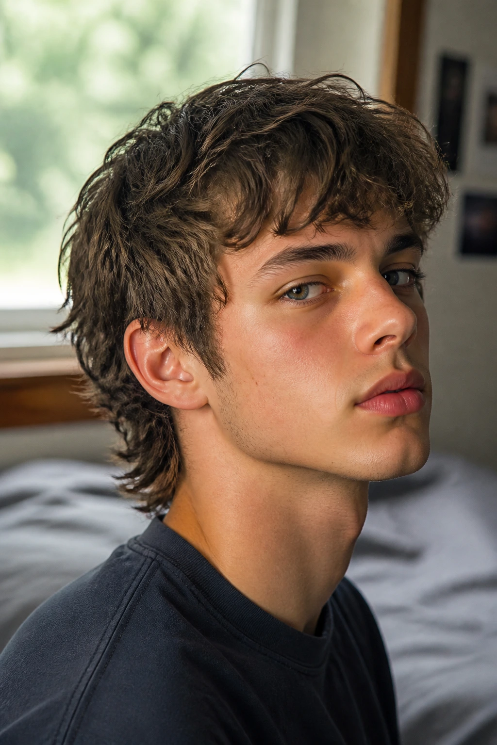 Close-up portrait of a boy with a wolf cut lite hairstyle in a cozy bedroom with window light