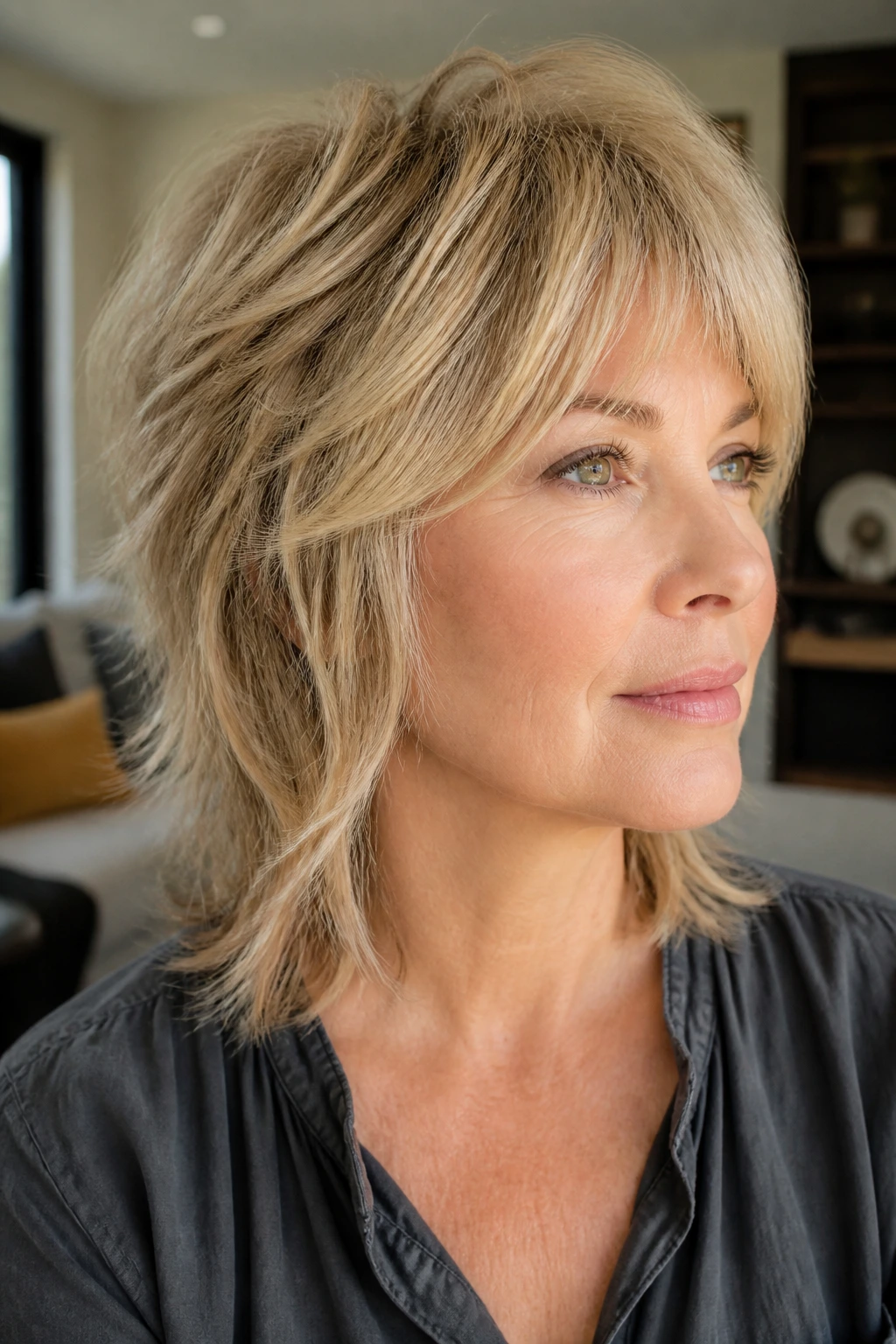 Real woman with a subtle wolf cut displaying lifted crown and controlled ends