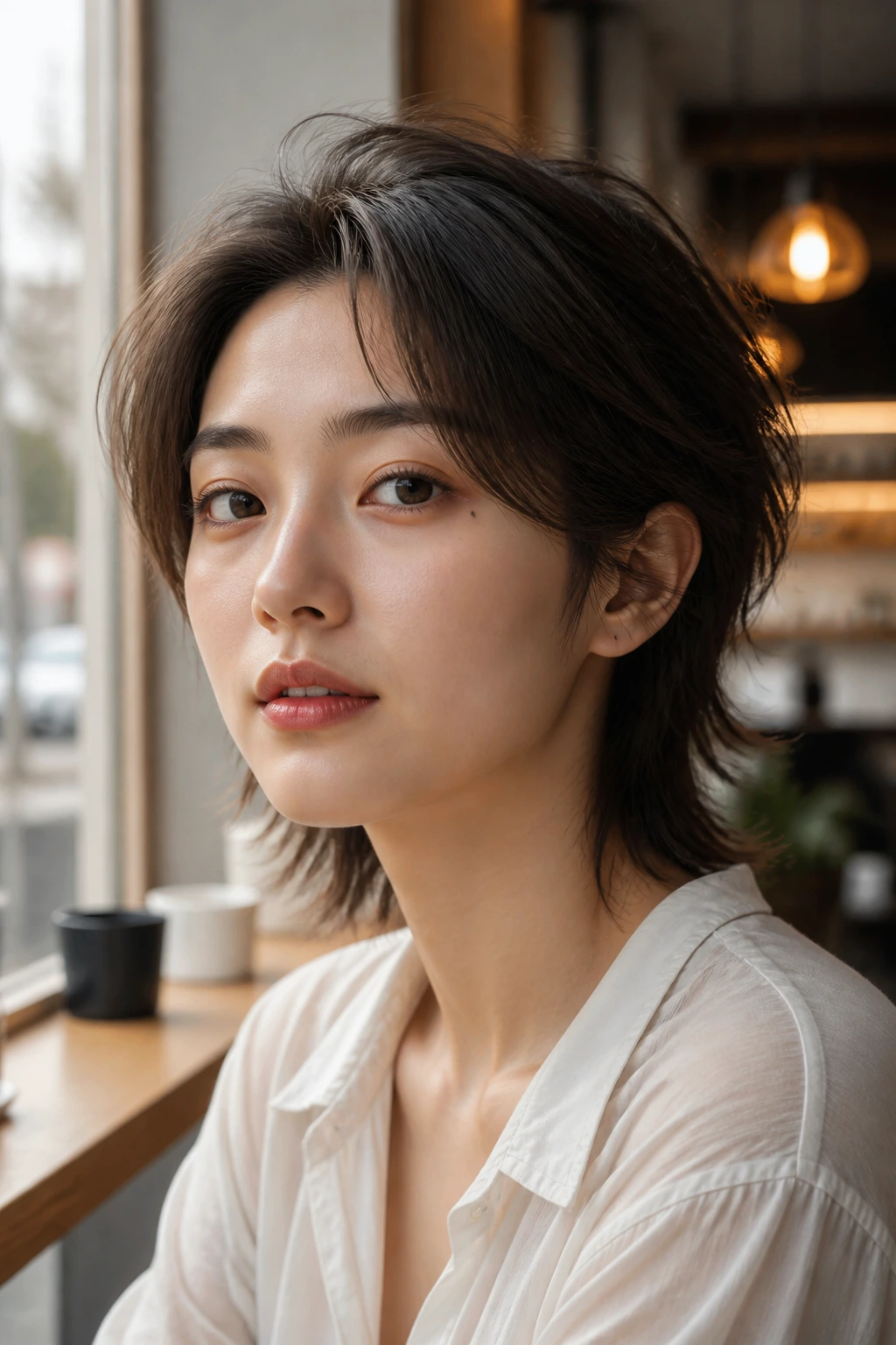 Portrait of a woman with a light wolf cut in cafe daylight