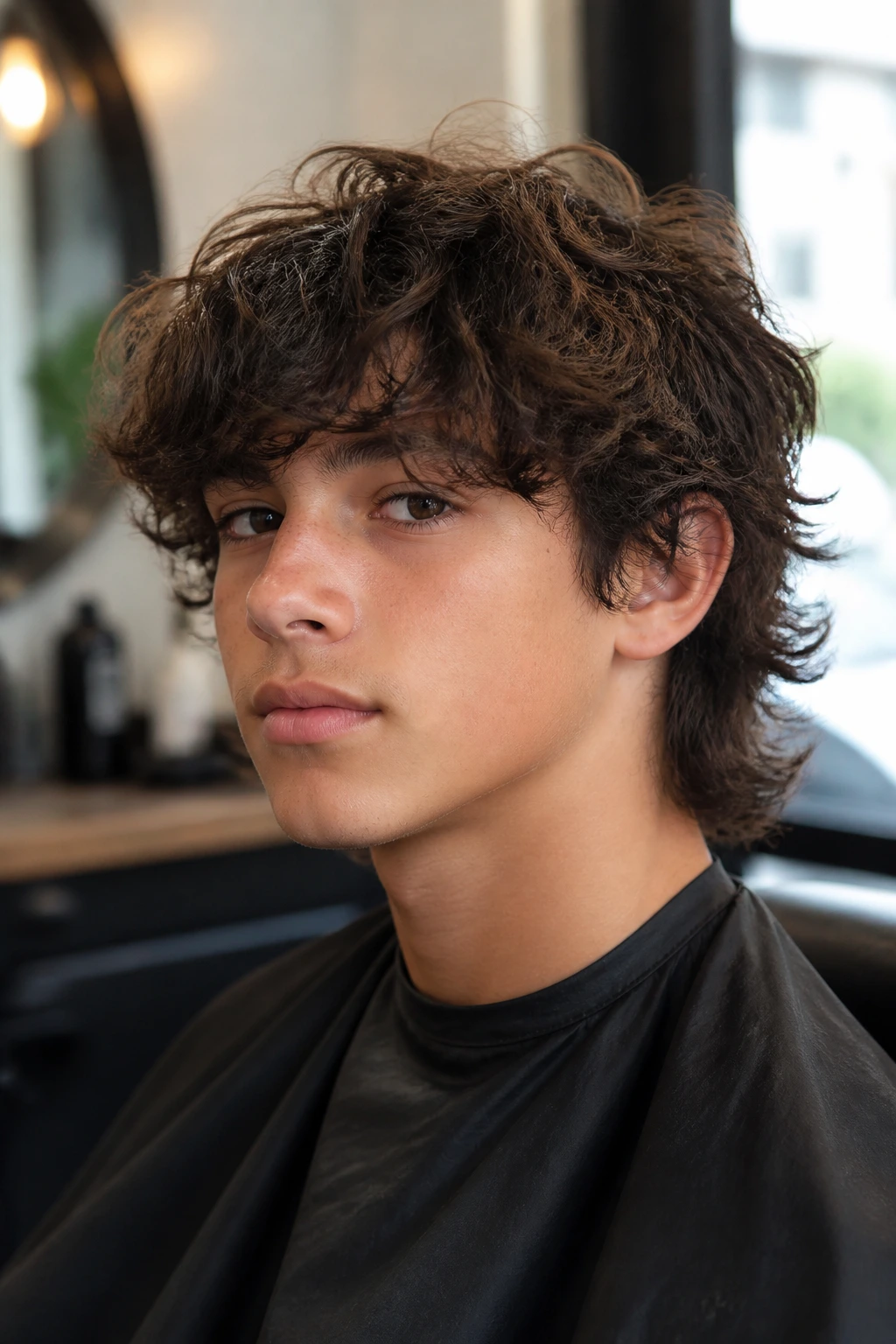 Close-up portrait of a real boy with a Wolf Cut Lite hairstyle in a barbershop setting