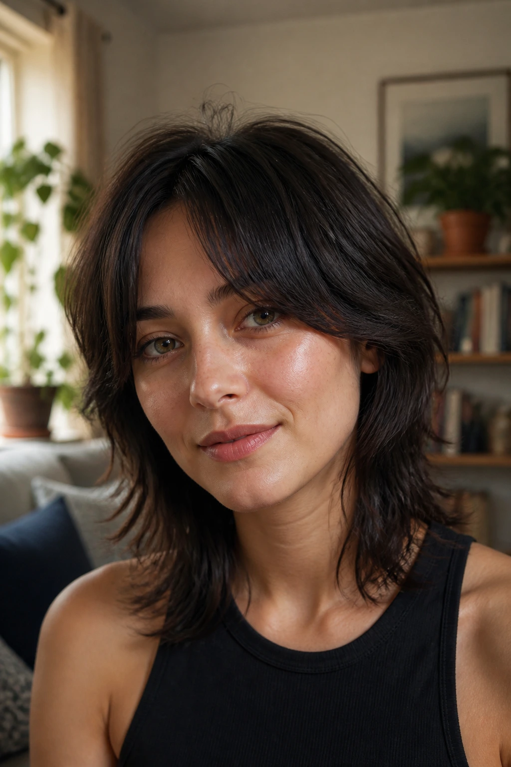 Close-up of real woman with wolf cut lite and curtain fringe in a cozy interior