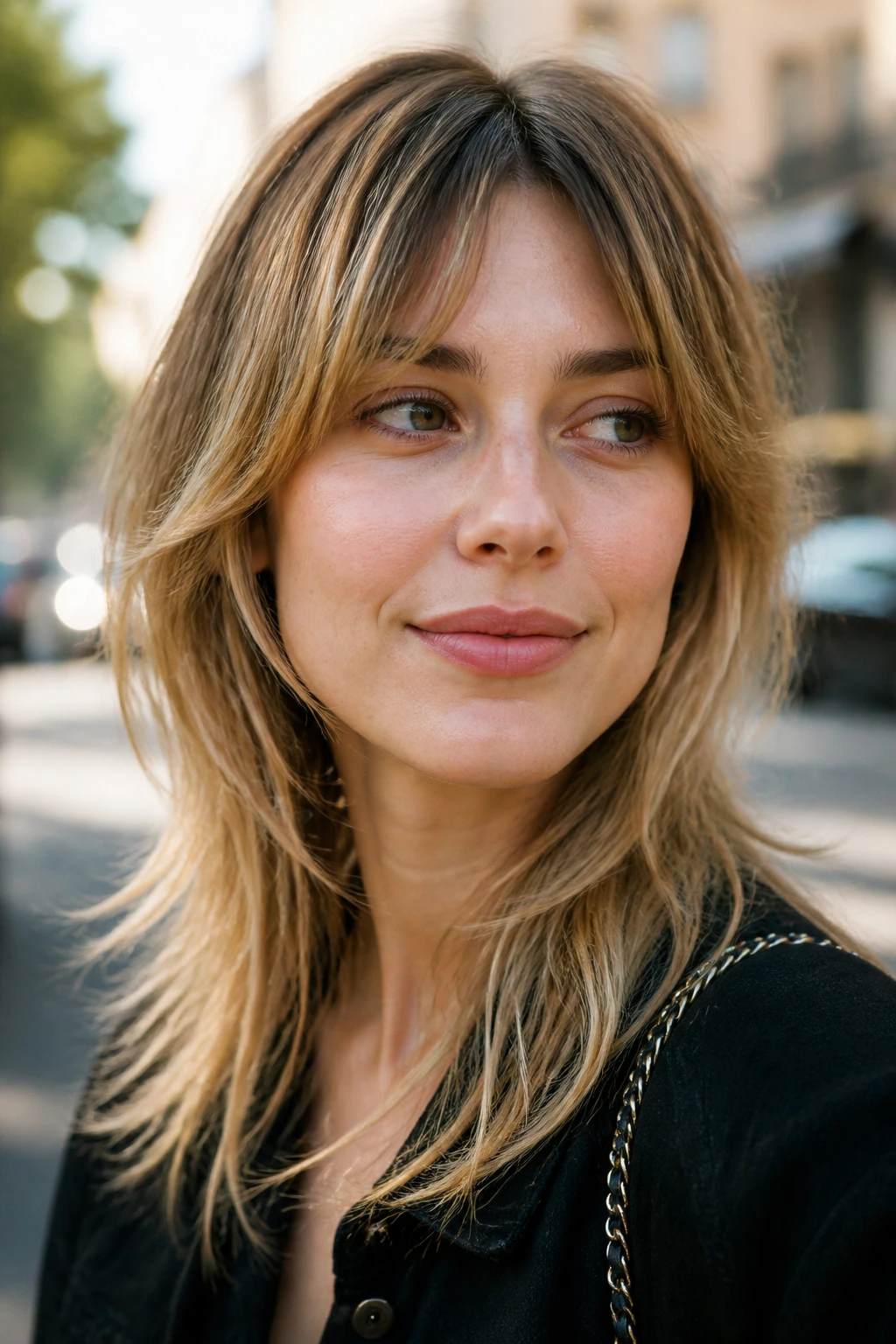 Real woman with a wolf cut lite showing movement and face-framing layers in daylight.