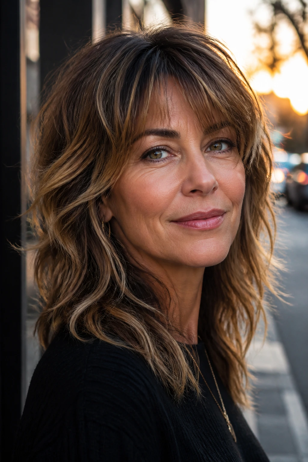 Close-up of a real woman with wolf cut lite, soft broken-up ends, caramel highlights.