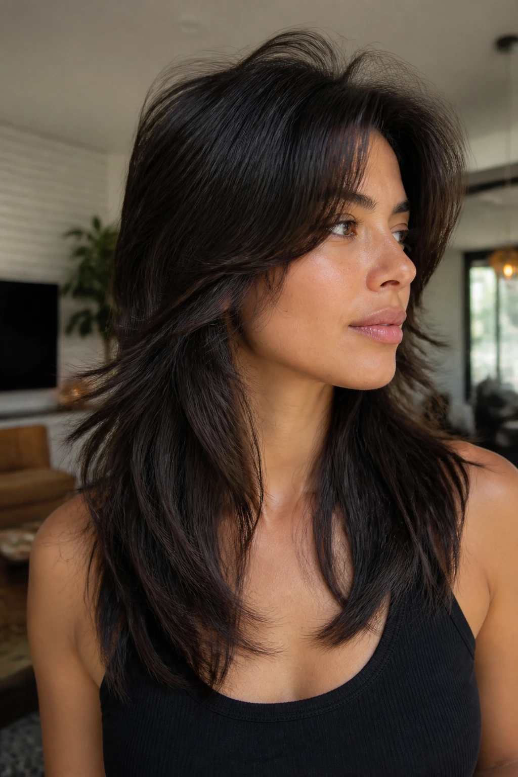 Close-up portrait of woman with wolf cut lite hairstyle showing lifted crown