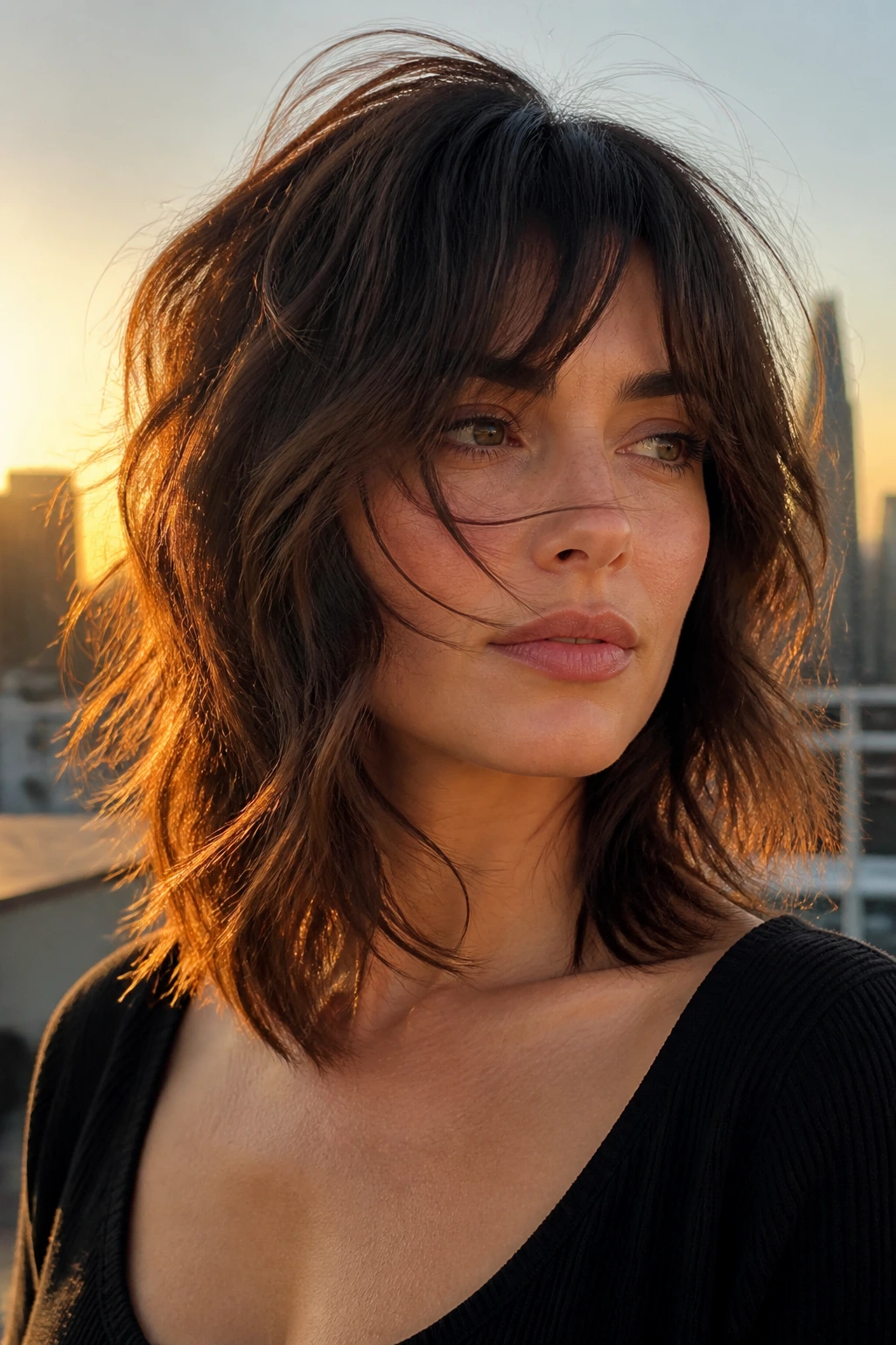 Real-woman portrait with wavy wolf lob and hidden layers
