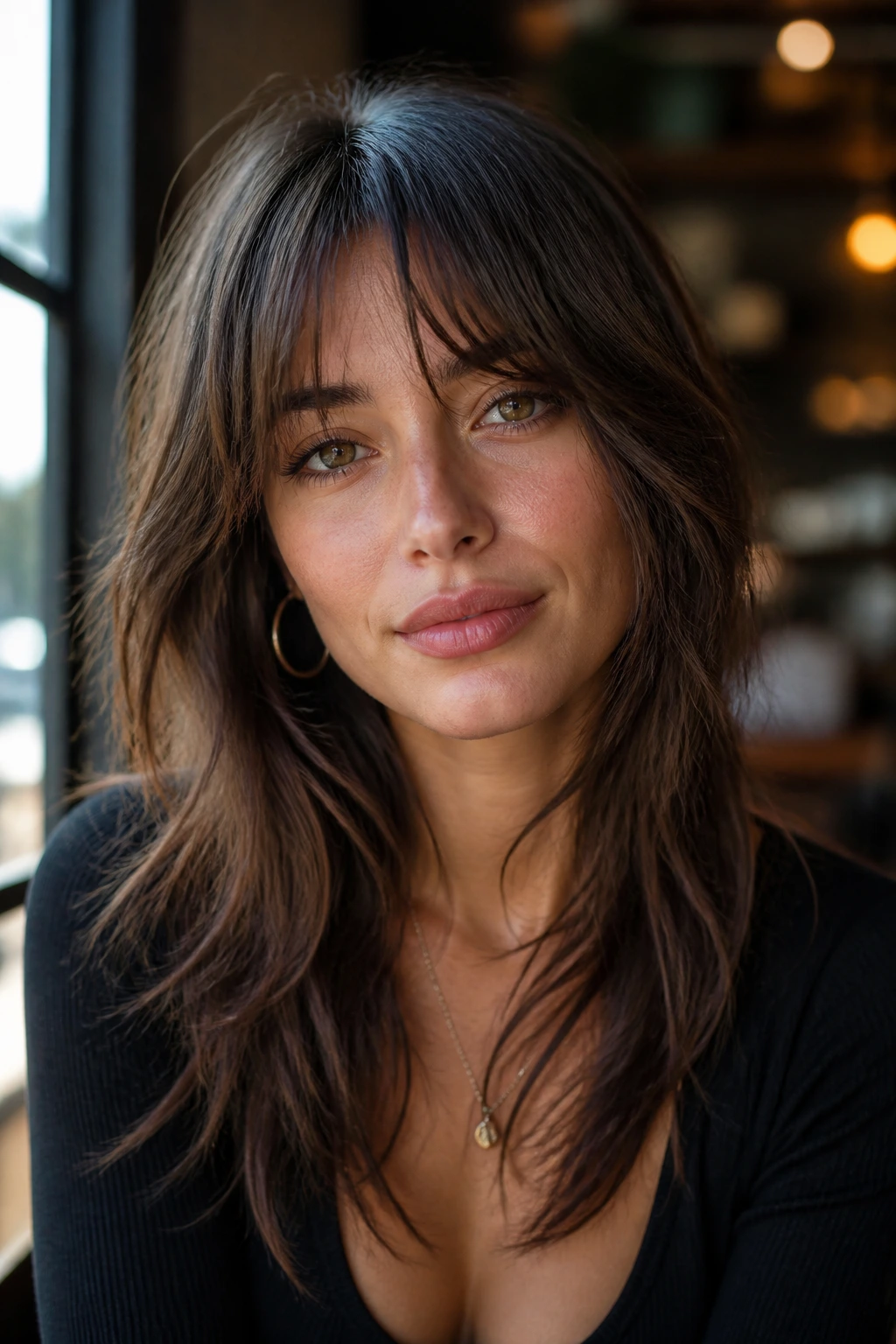 Portrait of a woman with a wolf-cut lite and long bangs in cafe window light
