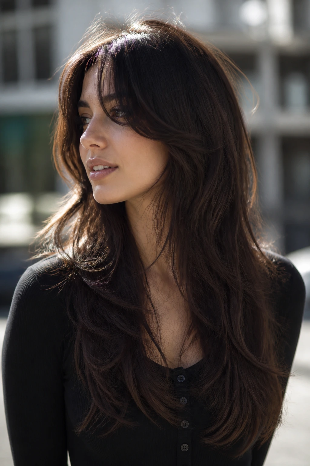 Portrait of a real woman with wolf cut lite and long bangs in outdoor light.