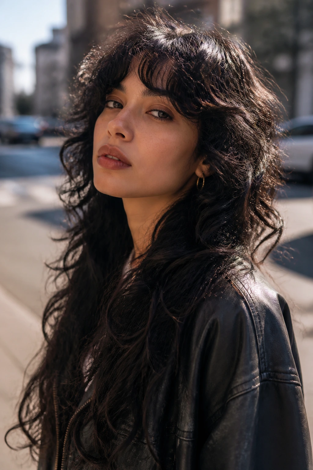Close-up portrait of a real person with wolf-cut layers on long dark curls.