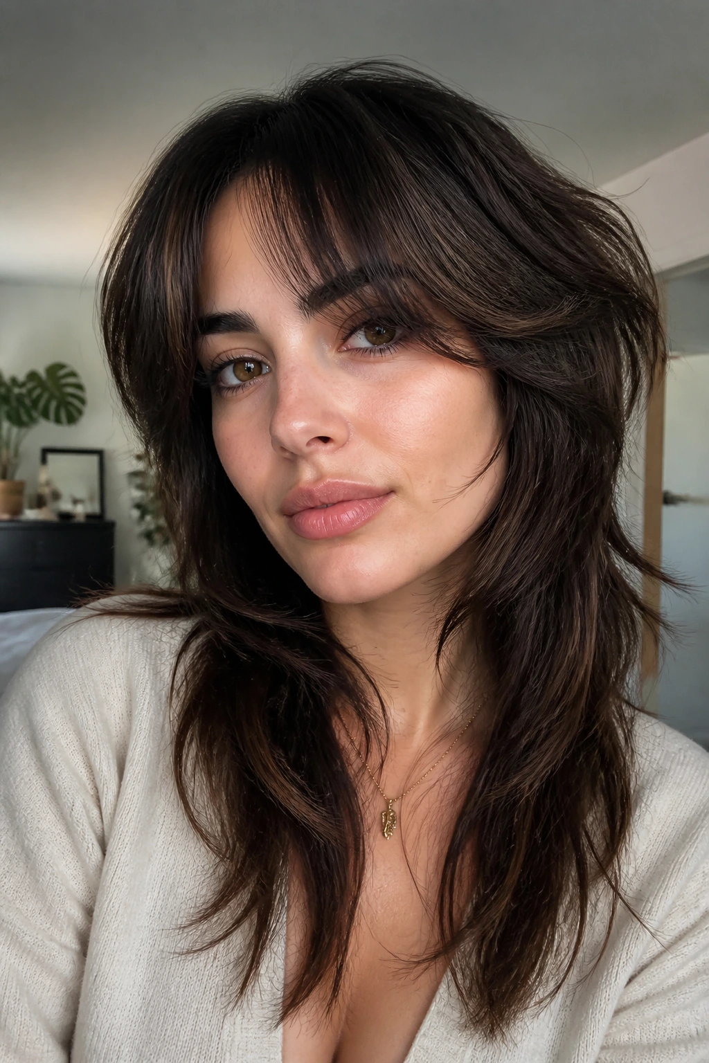 Portrait of a woman with a soft wolf cut featuring longer ends.