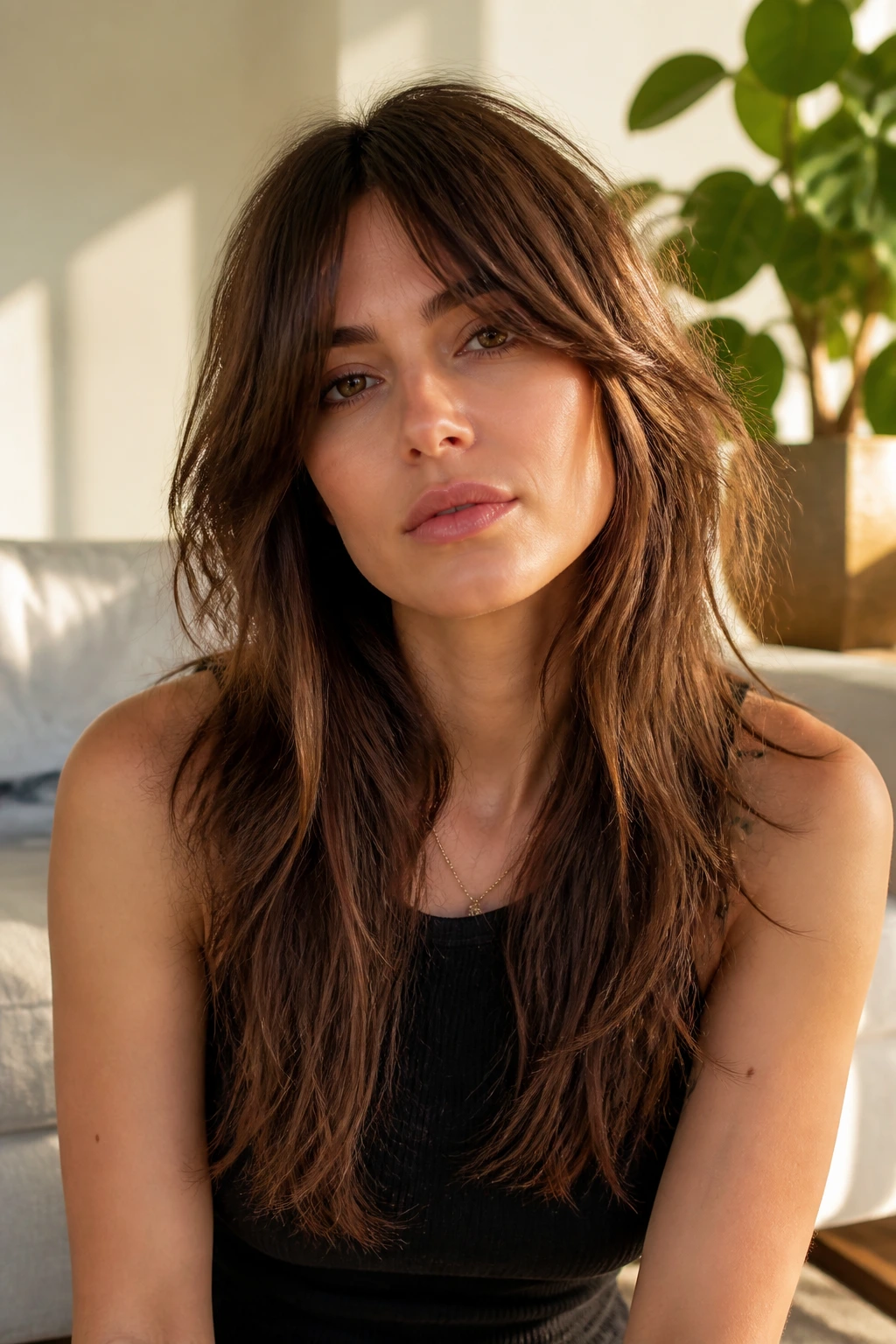Close-up of a real woman with a soft wolf cut and long blended layers in warm window light