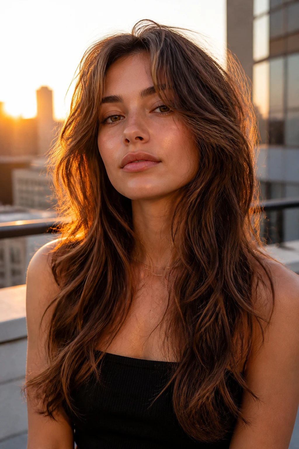 Close-up portrait of a real person with a long wolf-cut lite and lifted crown on an urban rooftop