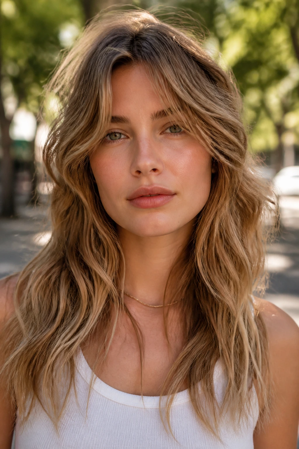 Close-up of a real person with subtle wolf-cut influence maintained long hair in sunlit park