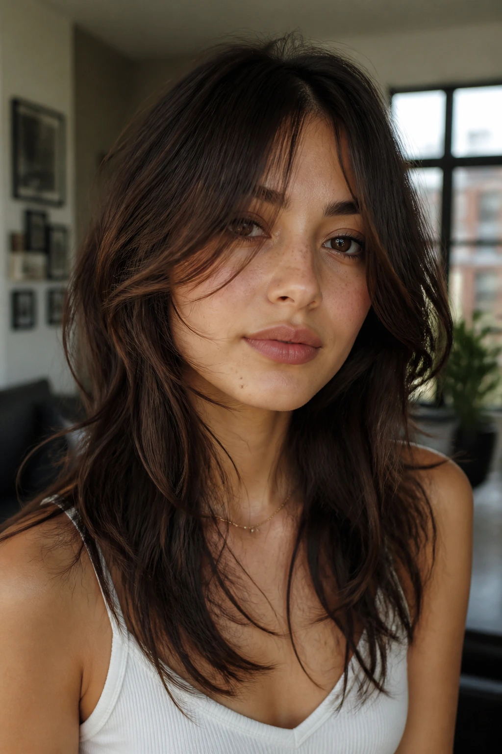 Close-up of a real woman with a soft wolf cut and longer fringe