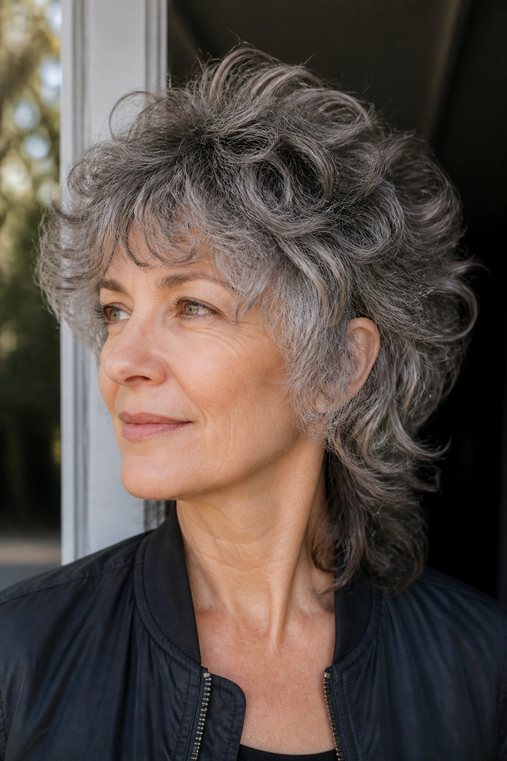 50+ woman with loose curls wolf cut showing crown fullness and textured layers.