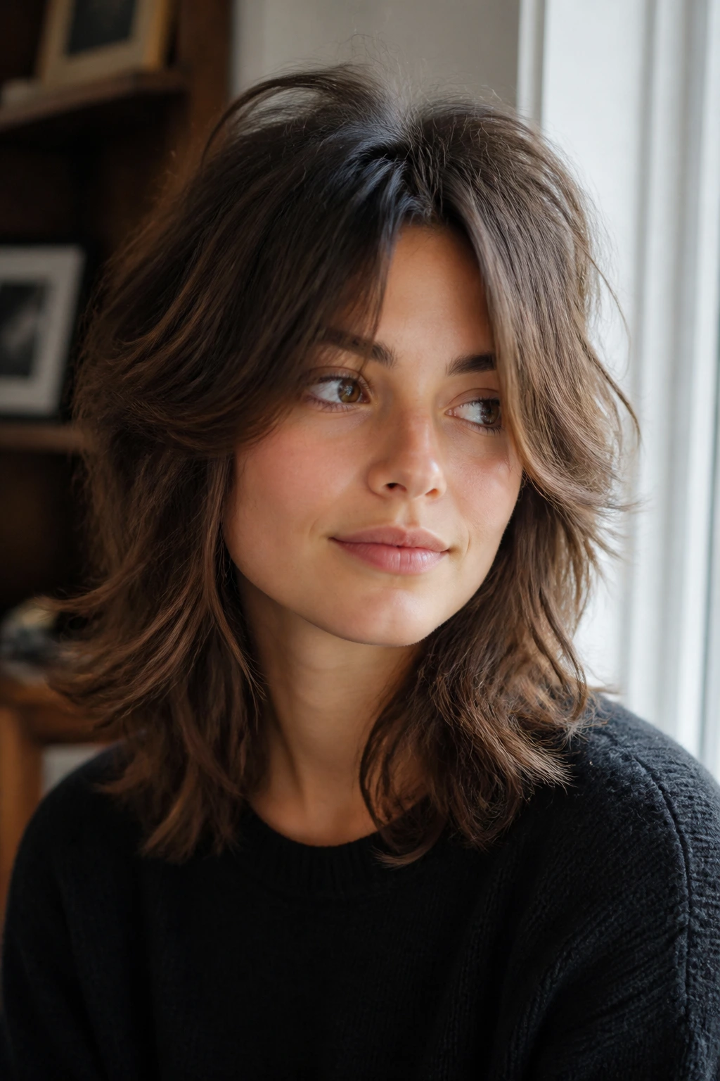 Close-up of a real person with a soft wolf cut on medium-length thick hair.