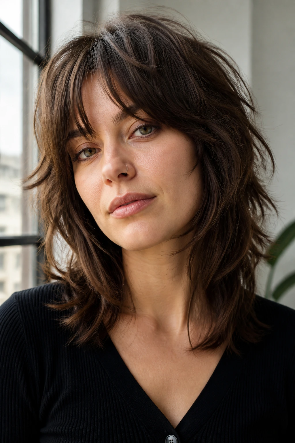 Portrait of a real woman with a modern wolf cut at medium length, crown lift.