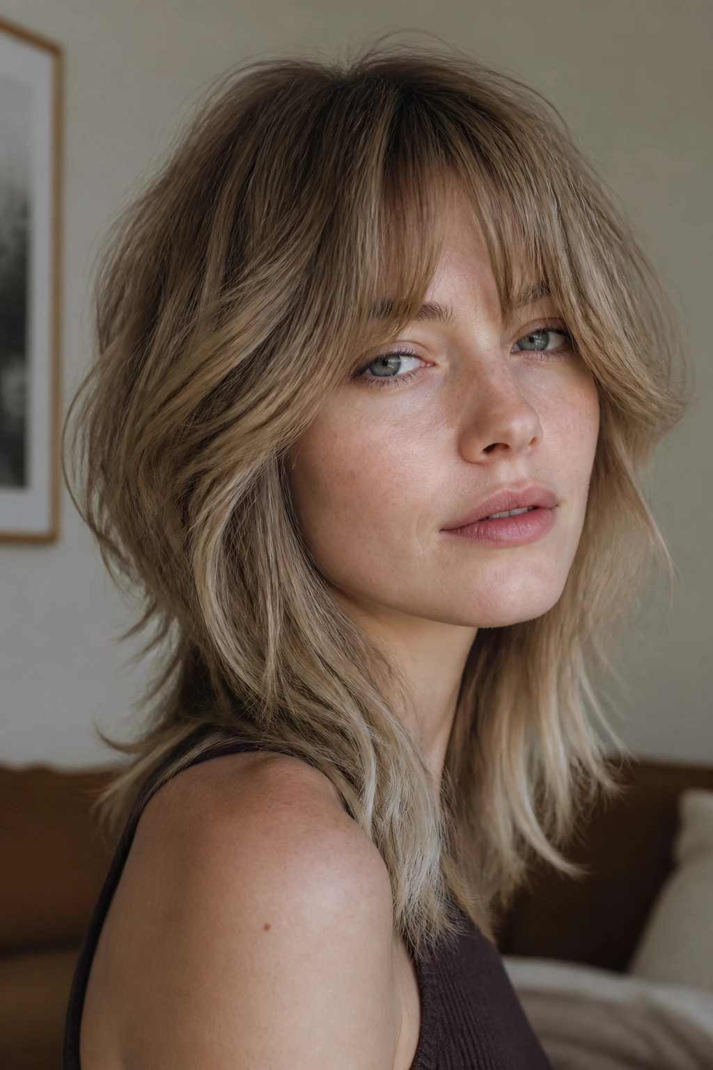 Close-up portrait of a real woman with a mushroom-dark blonde wolf cut
