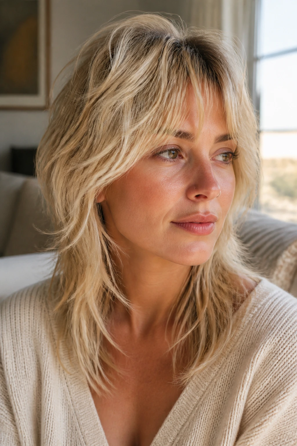Close-up of real woman with Lived-In Wolf Cut in pale blonde with textured layers.